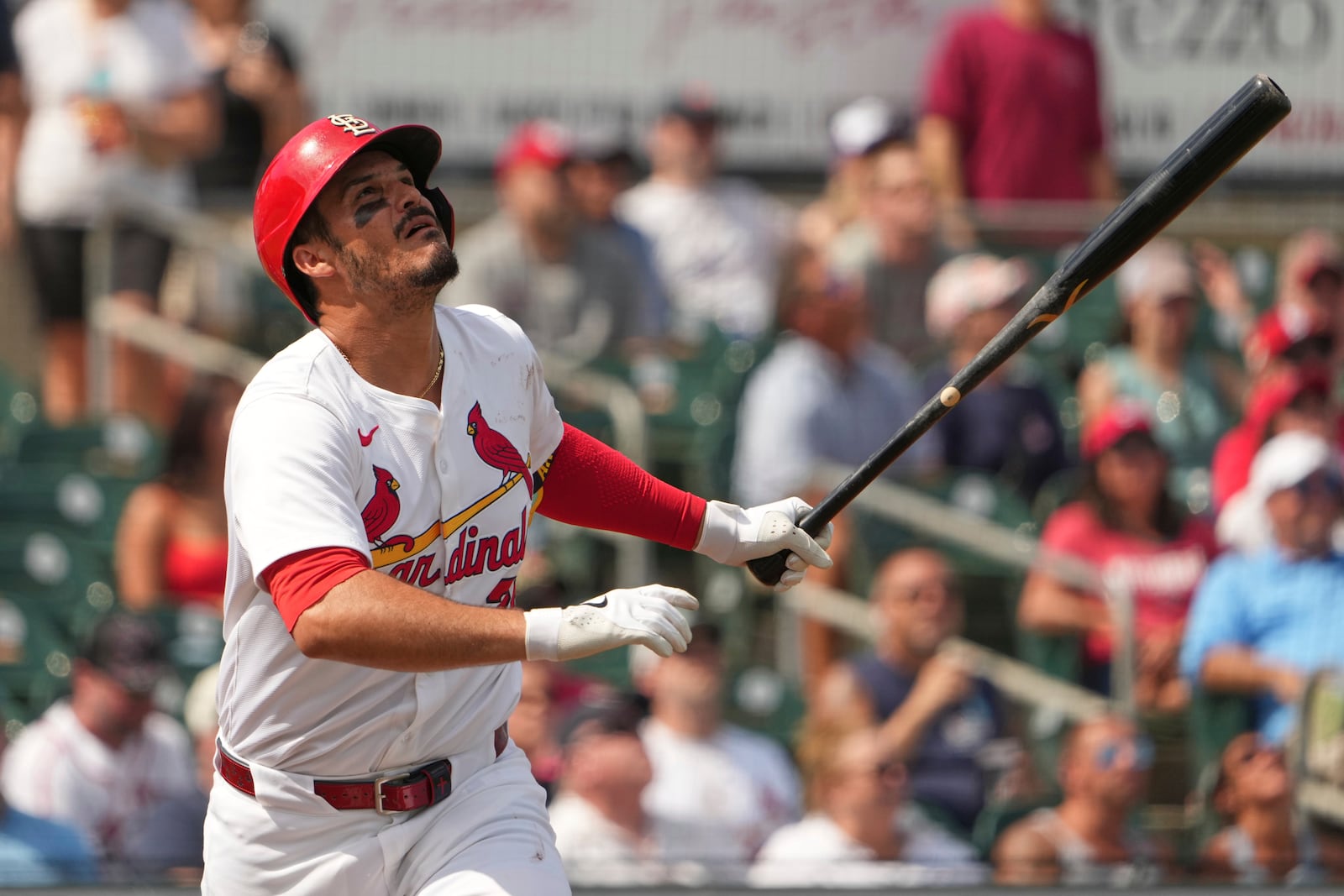 St. Louis Cardinals' Nolan Arenado flies out during the second inning of a spring training baseball game against the Washington Nationals Saturday, March 1, 2025, in Jupiter, Fla. (AP Photo/Jeff Roberson)