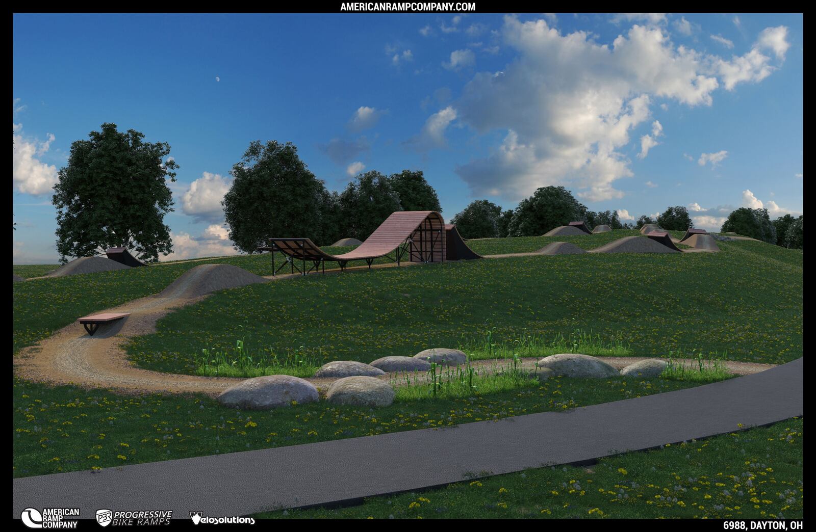 A rendering of a section of the proposed Dayton Bike Yard, the city's first bike park. The renderings show dirt trails, but they will be asphalt. CONTRIBUTED