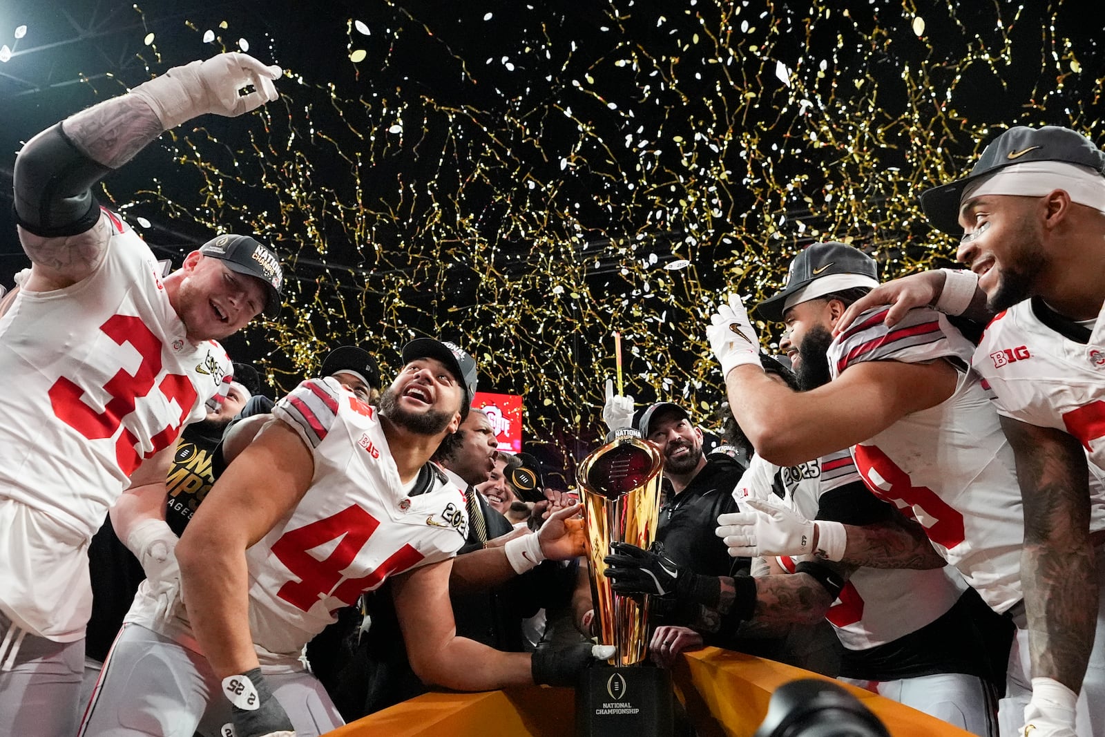 Ohio State celebrates after their win against Notre Dame in the College Football Playoff national championship game Monday, Jan. 20, 2025, in Atlanta. (AP Photo/Brynn Anderson)