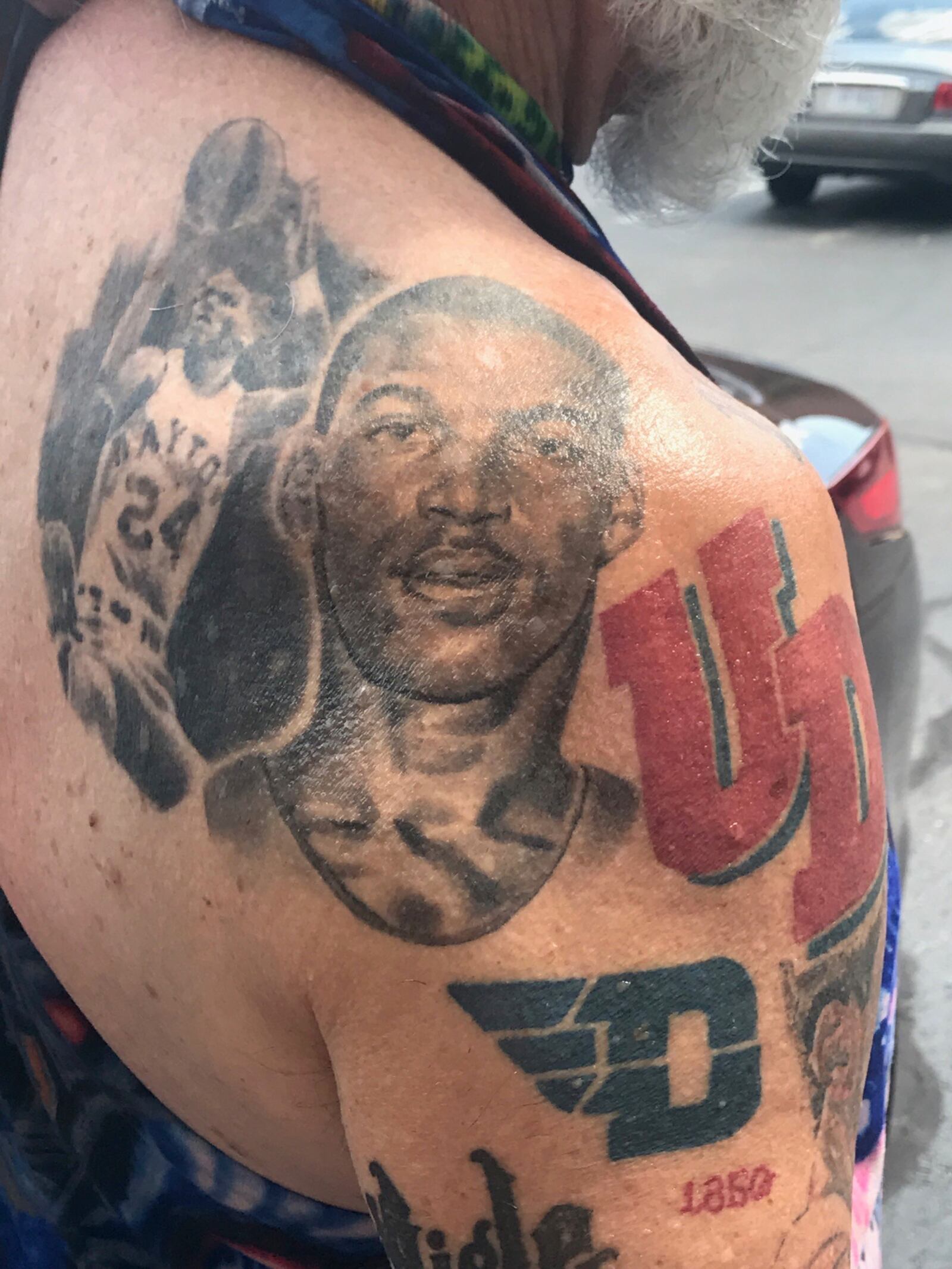 Mark Haufe's tattoos of Roger Brown, considered by many to be the greatest player ever to wear a Dayton Flyers uniform. CONTRIBUTED