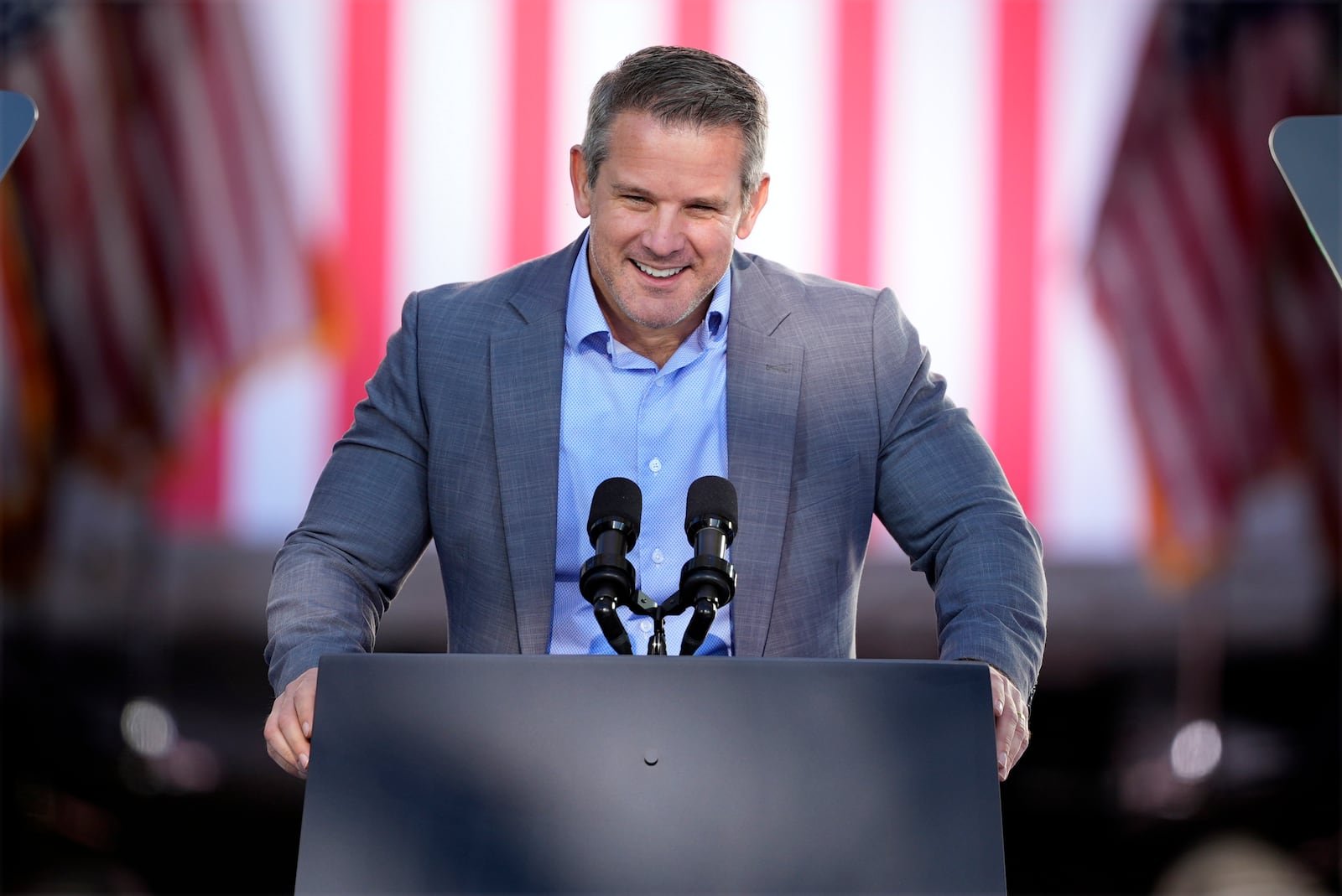 Former Rep. Adam Kinzinger, R-Ill., speaks before Democratic presidential nominee Vice President Kamala Harris during a campaign event at Washington Crossing Historic Park, Wednesday, Oct. 16, 2024, in Washington Crossing, Pa. (AP Photo/Matt Slocum)