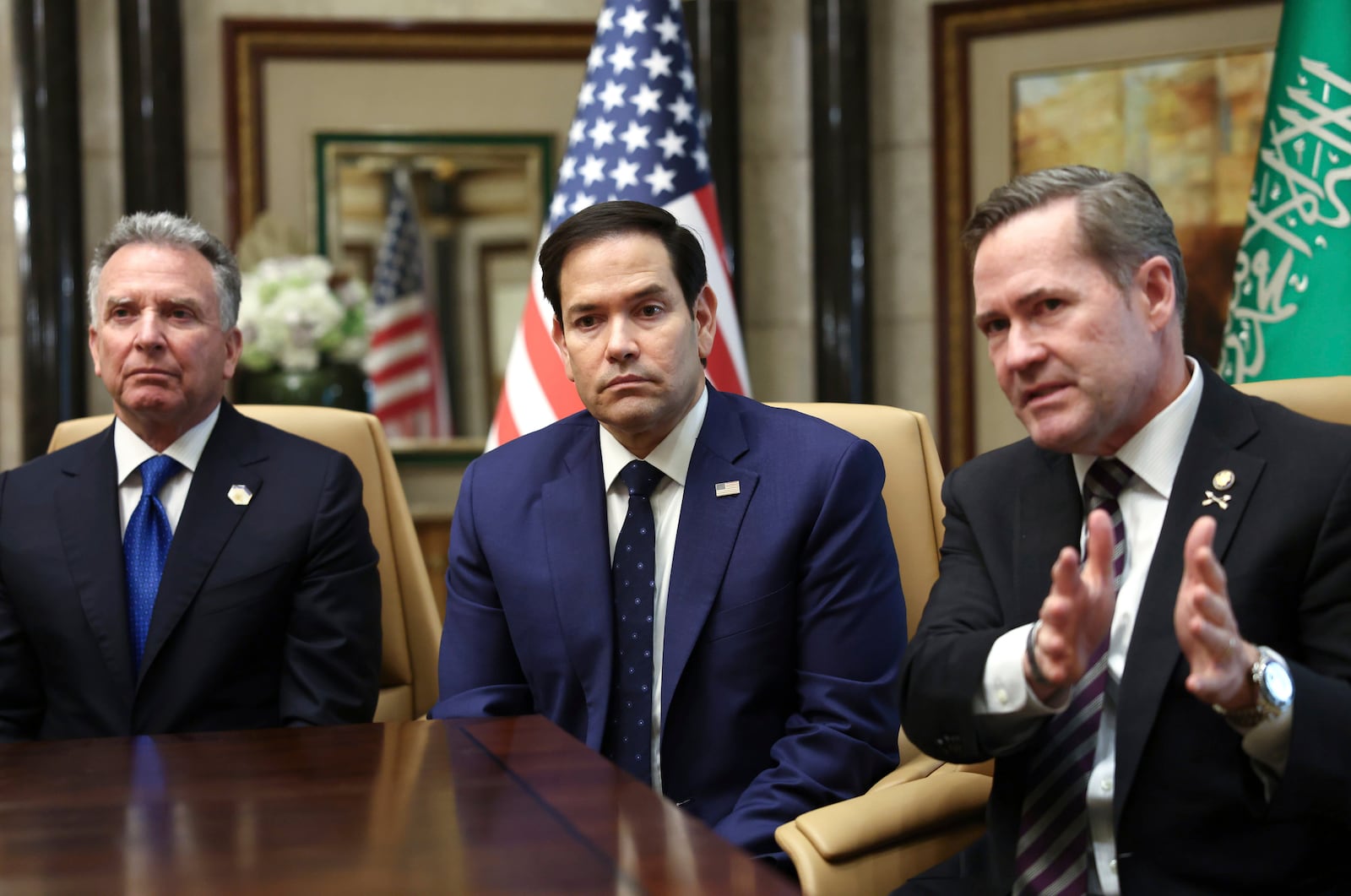 U.S. Secretary of State Marco Rubio, U.S. National Security Advisor Mike Waltz and U.S. Middle East envoy Steve Witkoff attend an interview after meeting with Russian Foreign Minister Sergei Lavrov and Russian President Vladimir Putin's foreign policy advisor Yuri Ushakov, at Diriyah Palace, in Riyadh, Saudi Arabia, Tuesday, Feb. 18, 2025. (Evelyn Hockstein/Pool Photo via AP)