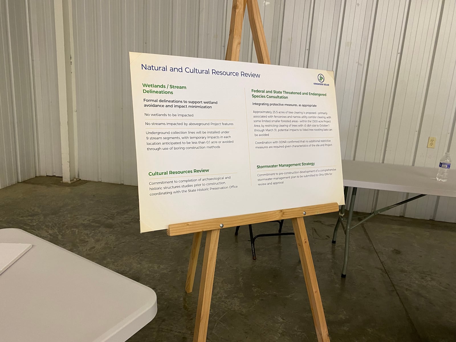 A photo of an easel with information on the natural and cultural resource review for the proposed solar farm in Greene County on Tuesday. Eileen McClory / Staff