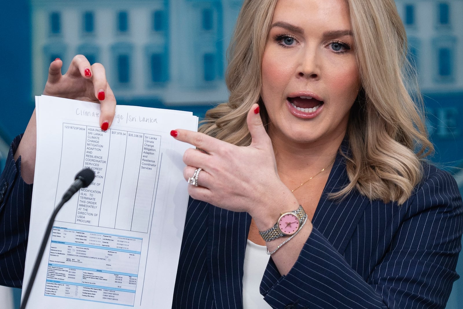 White House press secretary Karoline Leavitt speaks during a briefing at the White House, Wednesday, Feb. 12, 2025, in Washington. (AP Photo/Evan Vucci)