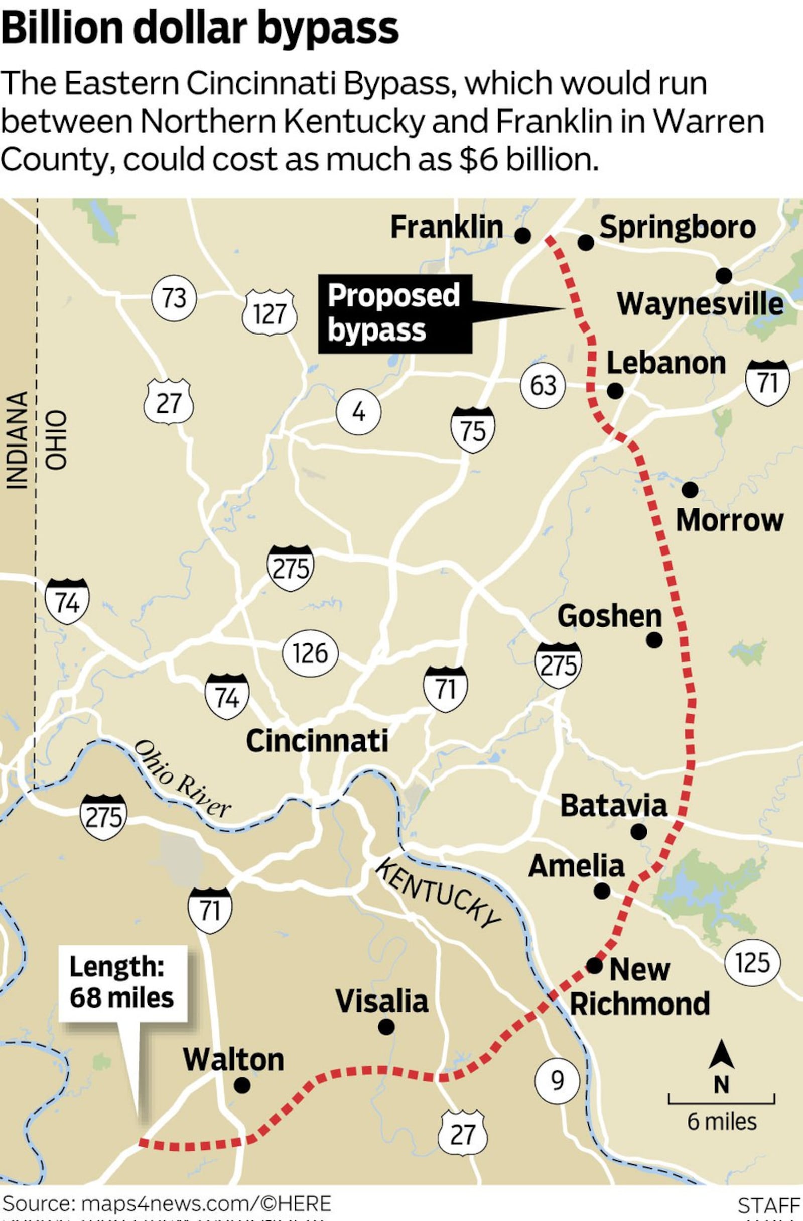 A possible route for a proposed new bypass highway around Cincinnati.