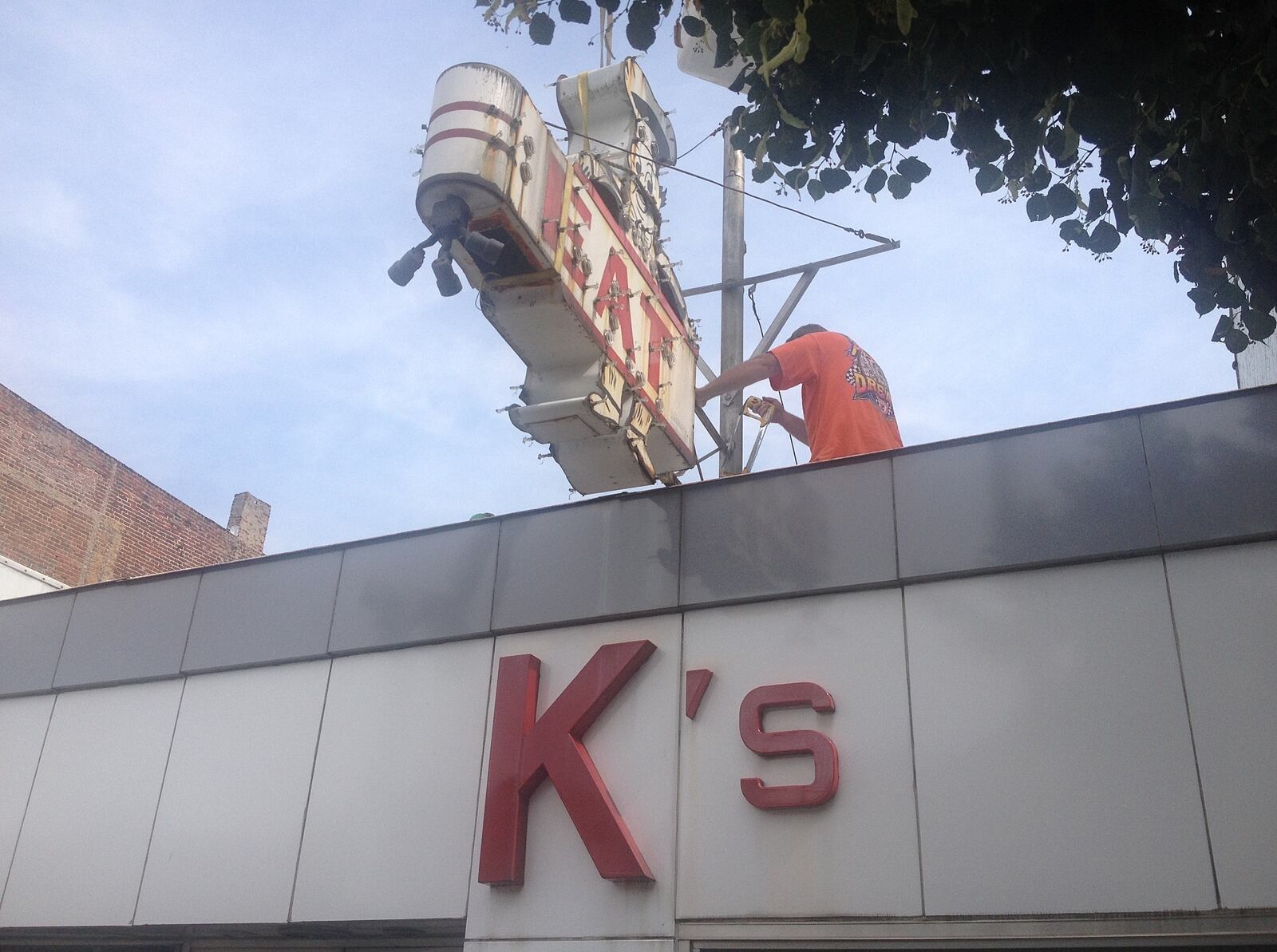 The K's Hambrugers sign was taken down Aug. 17, 2014, so it could be refurbished. It had been hanging since it opened in 1935.