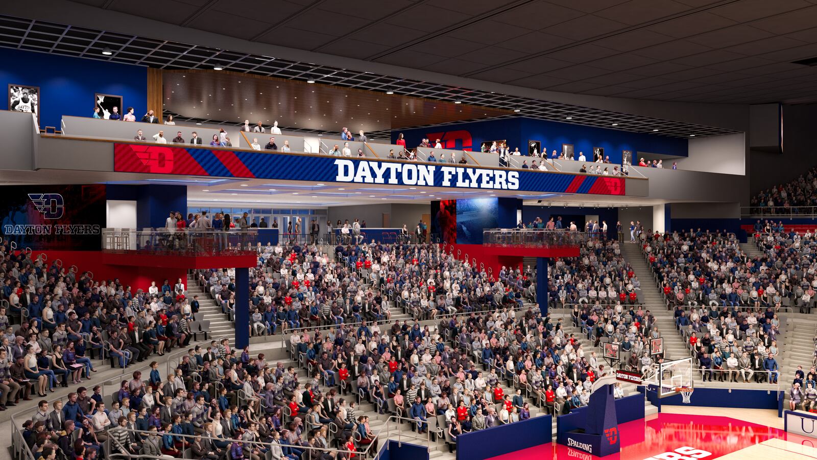 Renderings of proposed renovations to UD Arena. The $72 million in renovations will feature new premier seating, an expanded concourse and changes to the building’s exterior. CONTRIBUTED