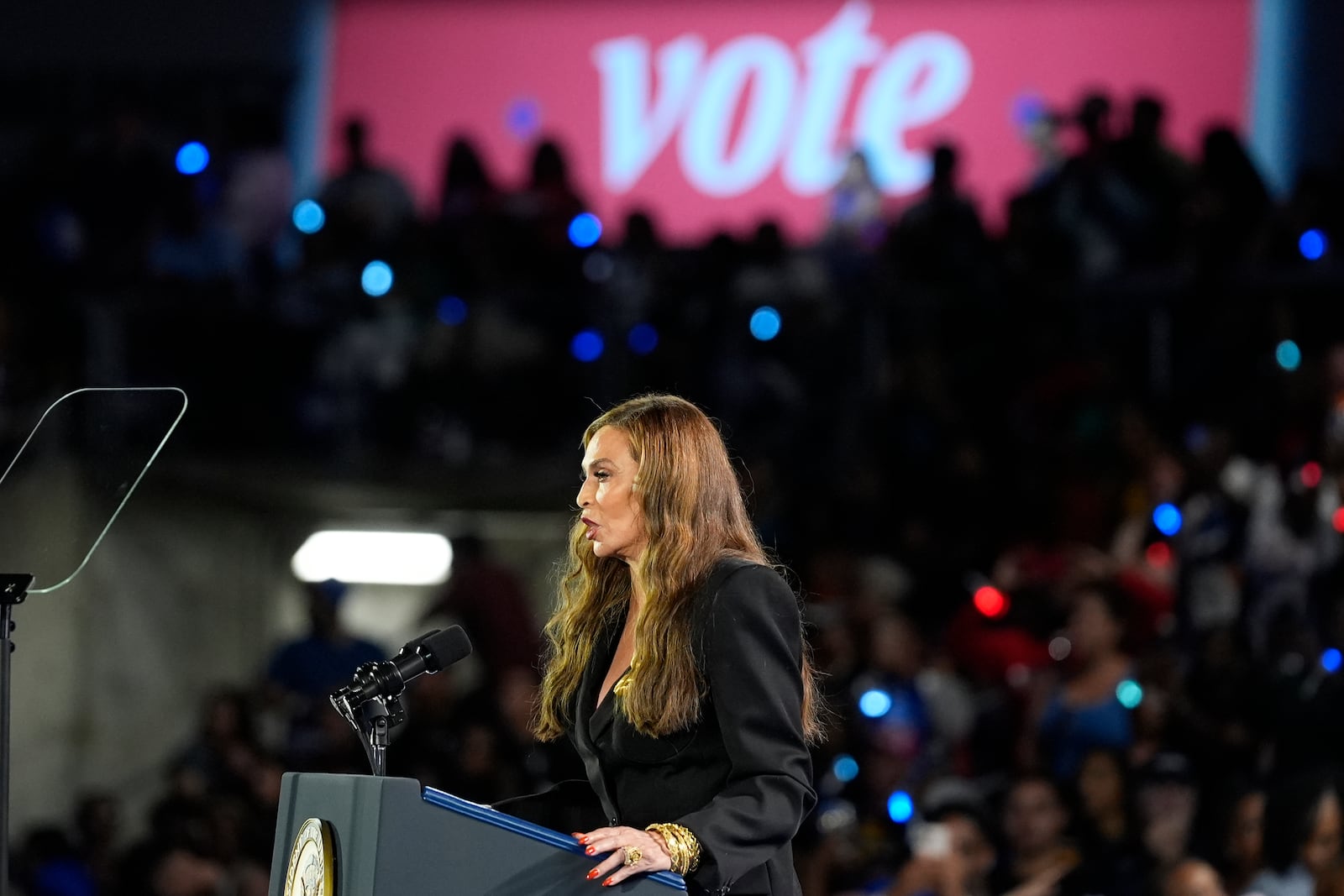 Tina Knowles, mother of entertainer Beyonce, speaking at a campaign event for Democratic presidential nominee Vice President Kamala Harris in Houston, Friday, Oct. 25, 2024. (AP Photo/Susan Walsh)