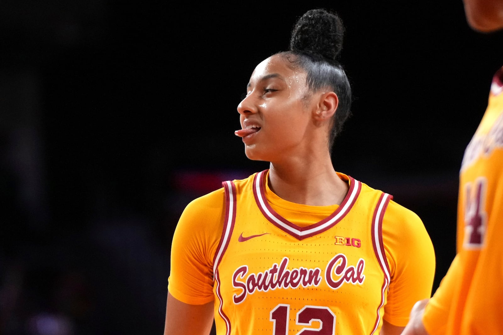 Southern California guard JuJu Watkins sticks her tongue out after making a free-throw during the second half of an NCAA college basketball game against Santa Clara, Friday, Nov. 15, 2024, in Los Angeles. (AP Photo/Mark J. Terrill)