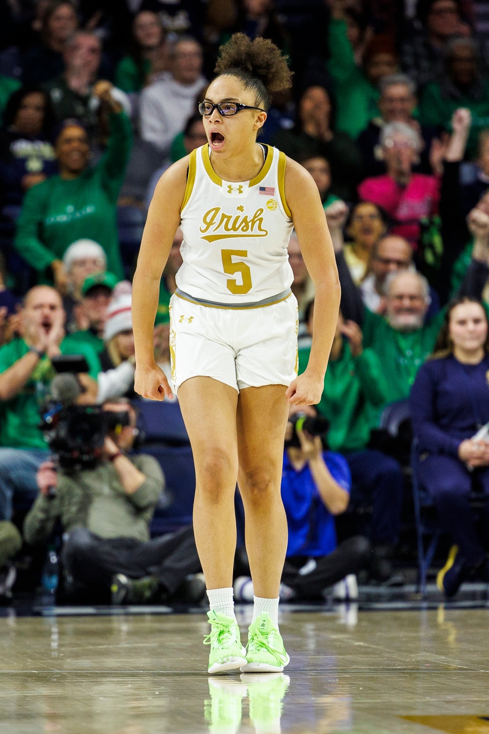 Notre Dame guard Olivia Miles reacts during the first half of an NCAA college basketball game against Duke, Monday, Feb. 17, 2025, in South Bend, Ind. (AP Photo/John Mersits)