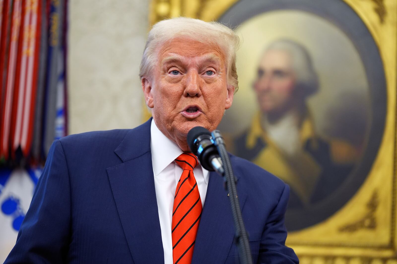 President Donald Trump speaks before Pam Bondi is sworn in as Attorney General by Supreme Court Associate Justice Clarence Thomas, in the Oval Office of the White House, Wednesday, Feb. 5, 2025, in Washington. (AP Photo/Evan Vucci)