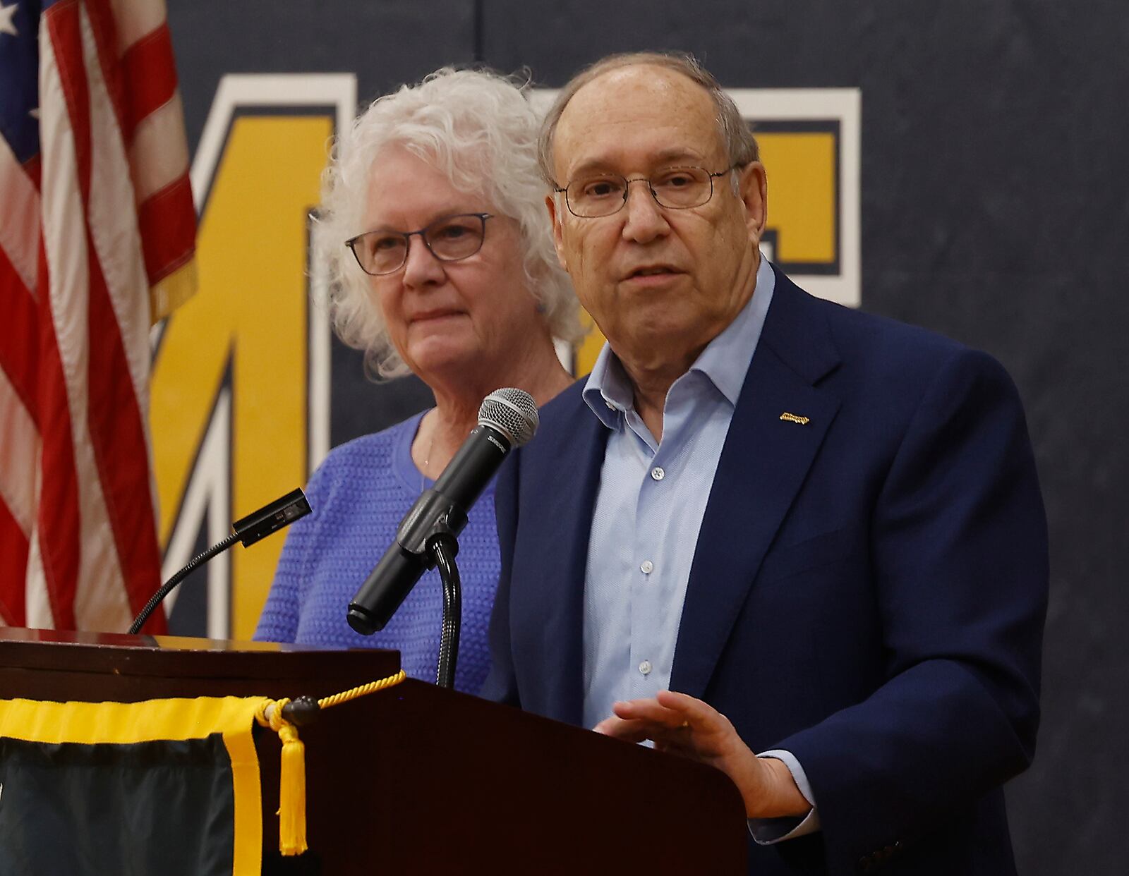 Rick and Jane Schwartz speak during a ribbon cutting ceremony for the Rick and Jane Schwartz Performing Arts Wing at Oakwood Jr./Sr. High School Wednesday, Feb. 7, 2024. BILL LACKEY/STAFF