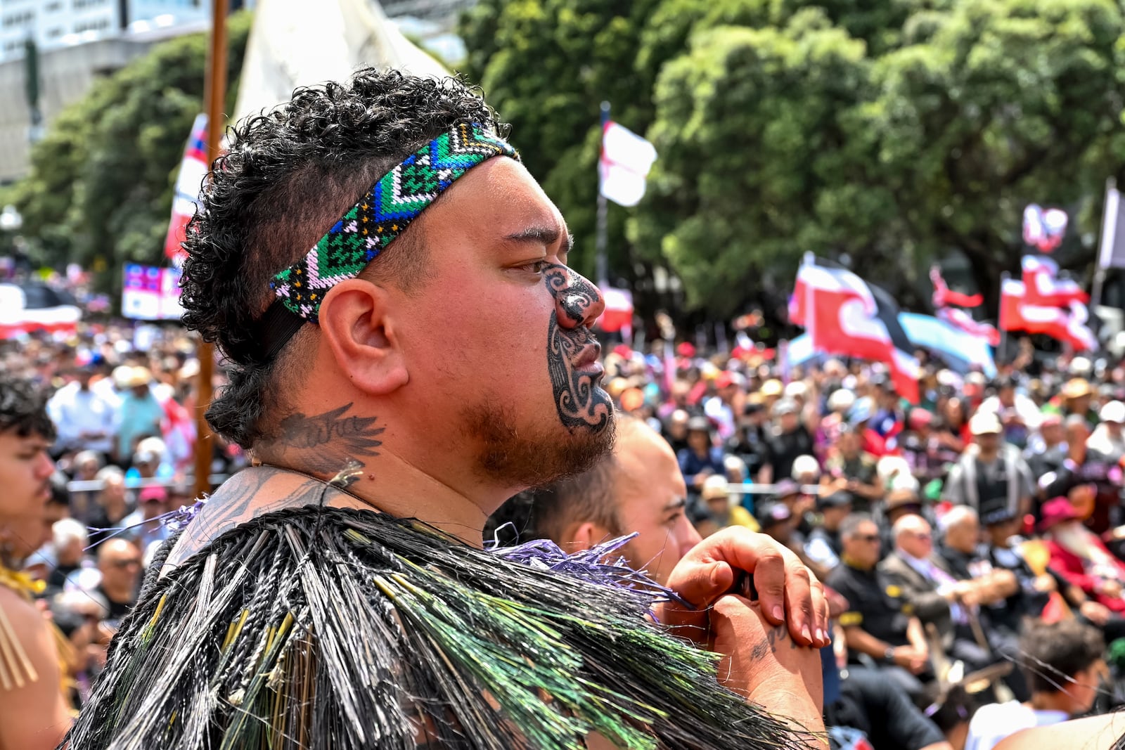 Thousands of people gather outside New Zealand's parliament to protest a proposed law that would redefine the country's founding agreement between Indigenous Māori and the British Crown, in Wellington Tuesday, Nov. 19, 2024. (AP Photo/Mark Tantrum)