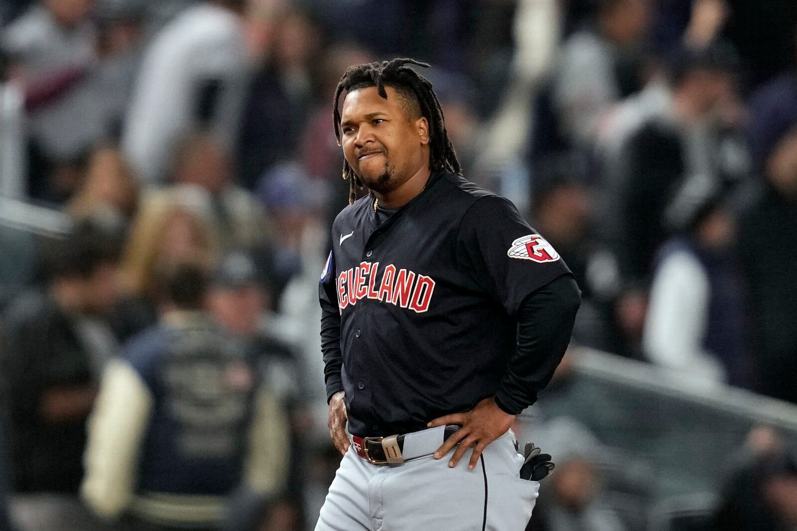 Cleveland Guardians' José Ramírez reacts after grounding out against the New York Yankees during the eighth inning in Game 1 of the baseball AL Championship Series Monday, Oct. 14, 2024, in New York. (AP Photo/Godofredo Vásquez)