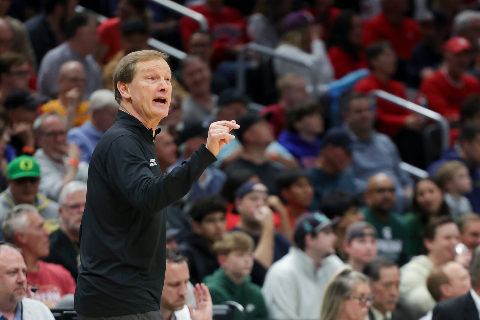 Oregon head coach Dana Altman reacts against Arizona during the first half in the second round of the NCAA college basketball tournament, Sunday, March 23, 2025, in Seattle. (AP Photo/Ryan Sun)