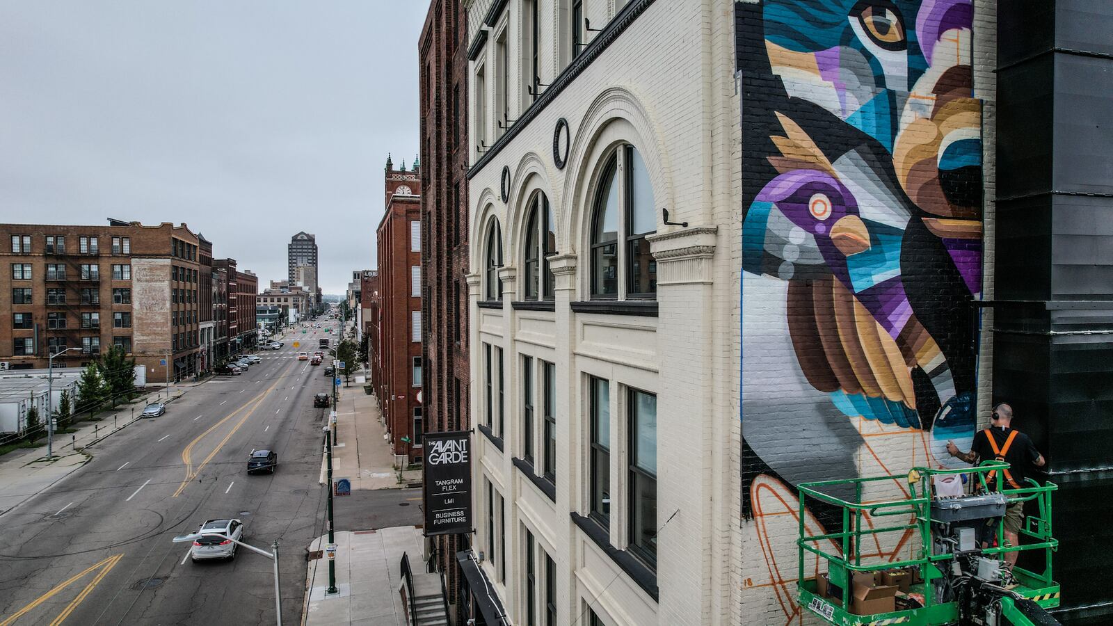 Netherlands artist I AM EELCO paints a wildlife scene on the Avant Garde Building on East Third Street Friday morning August 2, 2024. I AM EELCO is one of four national and regional artists painting murals on buildings around Dayton as part of the WHOA Mural Project. The project coincides with the Downtown Dayton Partnership's Art in the City festival. JIM NOELKER/STAFF