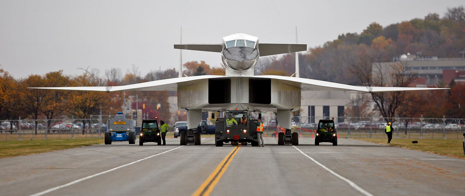 The North American XB-70 Vakyrie was rolled into the new fourth building of the National Museum of the United States Air Force on Tuesday, October 27. The big Mach 3 bomber was put in a new hangar the will house the Space, Presidential, Reasearch & Development and Global Reach collections due to open in June of 2016. The XB-70, one of the world's most exotic airplanes, was conceived for the Strategic Air Command in the 1950s as a high-altitude bomber that could fly three times the speed of sound (Mach 3). Because of fund limitations, only two were built, not as bombers, but as research aircraft for the advanced study of aerodynamics, propulsion and other subjects related to large supersonic aircraft according to the museum website. TY GREENLEES / STAFF