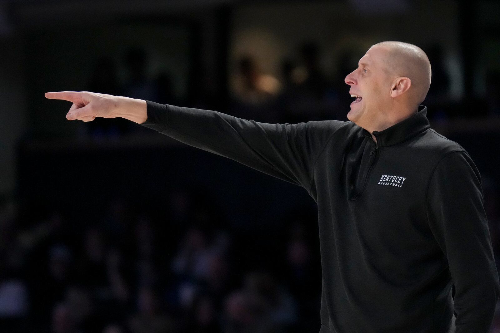 Kentucky head coach Mark Pope yells to his players during the first half of an NCAA college basketball game against Vanderbilt, Saturday, Jan. 25, 2025, in Nashville, Tenn. (AP Photo/George Walker IV)