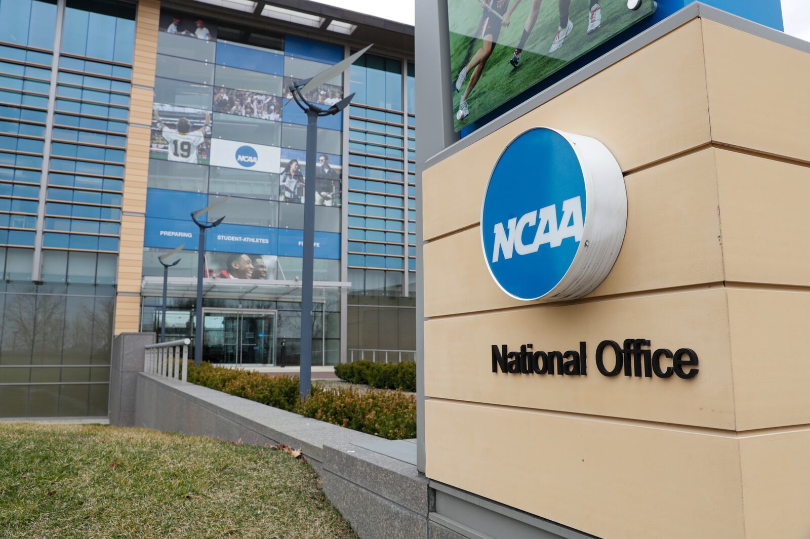 FILE - The NCAA headquarters in Indianapolis is shown in this March 12, 2020. (AP Photo/Michael Conroy, File)