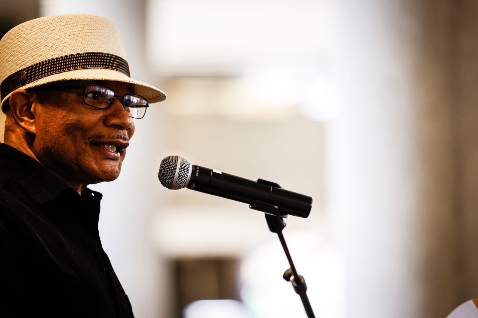 Ron Stephens, father of John Legend, addresses the audience on behalf of his son at the 2020 Dayton Walk of Fame celebration on Tuesday morning  Oct. 12, 2021 at Sinclair Community College. The Walk of Fame recognizes the lives of accomplishments of individuals from the Greater Miami Valley area. Some notables from Tuesday event are, Gov. Mike DeWine and Springfield entertainer, John Legend. JIM NOELKER/STAFF