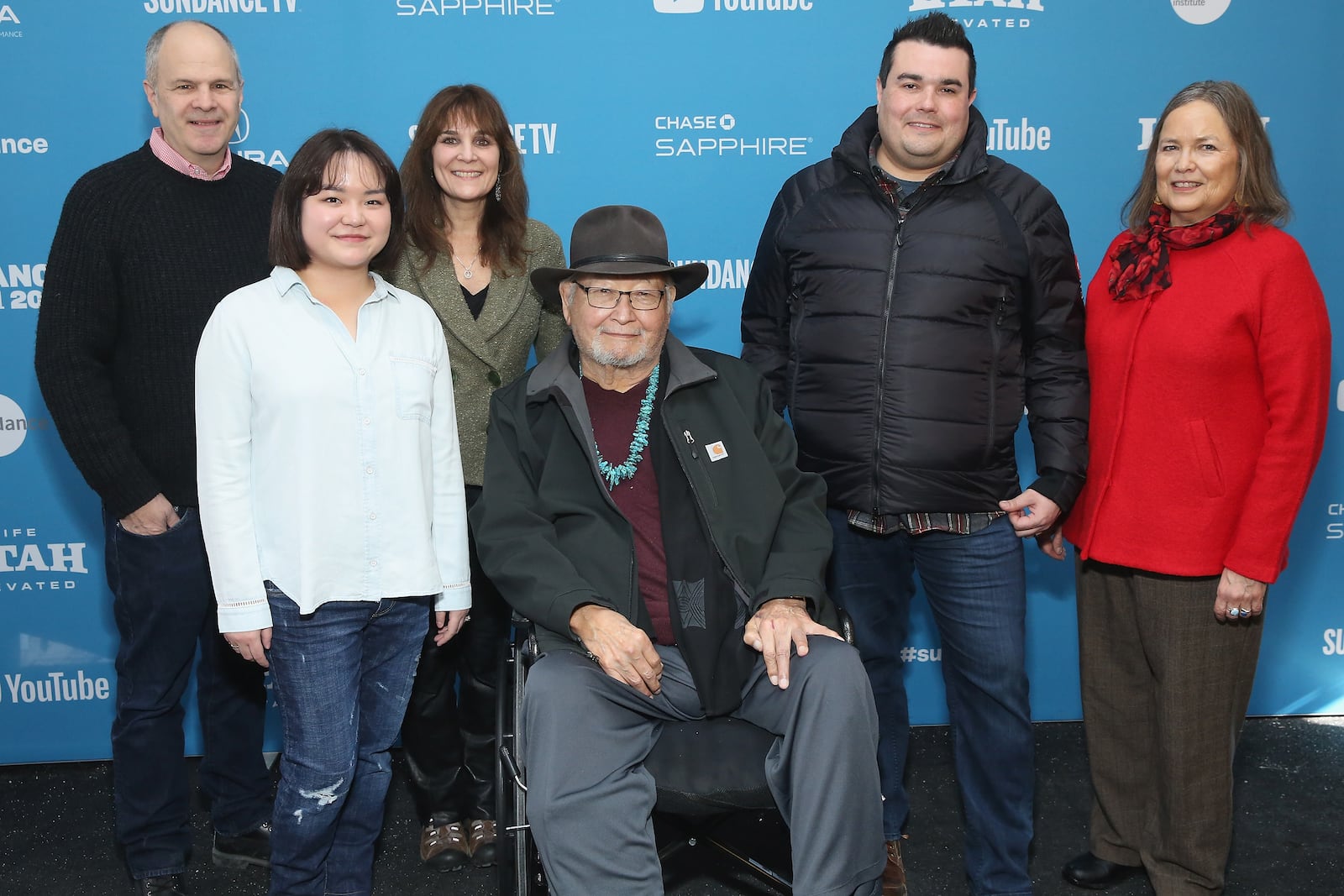 PARK CITY, UT - JANUARY 29:  (L-R) Michael Kantor, Youngsun Palmer, Nancy Novack, N. Scott Momaday, Jeffrey Palmer and  Shirley K. Sneve attend the "N. Scott Momaday: Words From A Bear" Premiere during the 2019 Sundance Film Festival at Library Center Theater on January 29, 2019 in Park City, Utah.  (Photo by Robin Marchant/Getty Images)