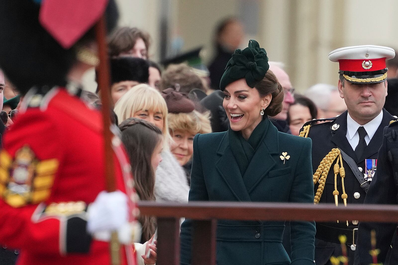 Britain's Kate, the Princess of Wales, arrives to join the Irish Guards, their veterans, families, serving soldiers, reservists, and young cadets from Northern Ireland, at a special St Patrick's Day parade and celebration at Wellington Barracks in London, Monday, March 17, 2025.(AP Photo/Kirsty Wigglesworth)