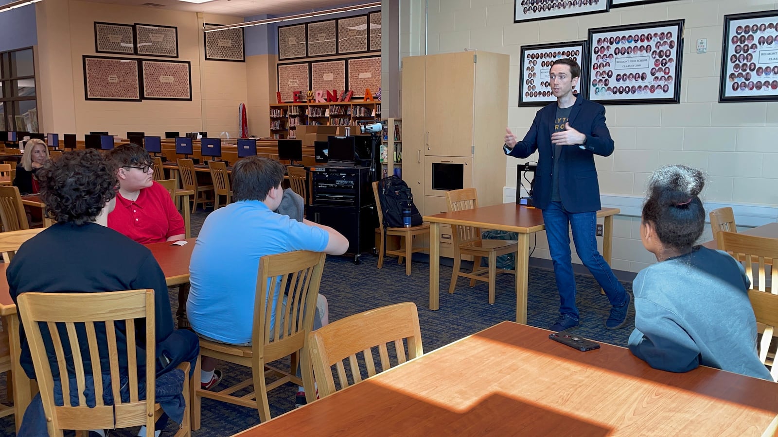 Greg Loughnane, a University of Dayton professor in the Department of
Mechanical and Aerospace Engineering, addressing students involved in the Digital Manufacturing Workshop at Dayton Public Schools.