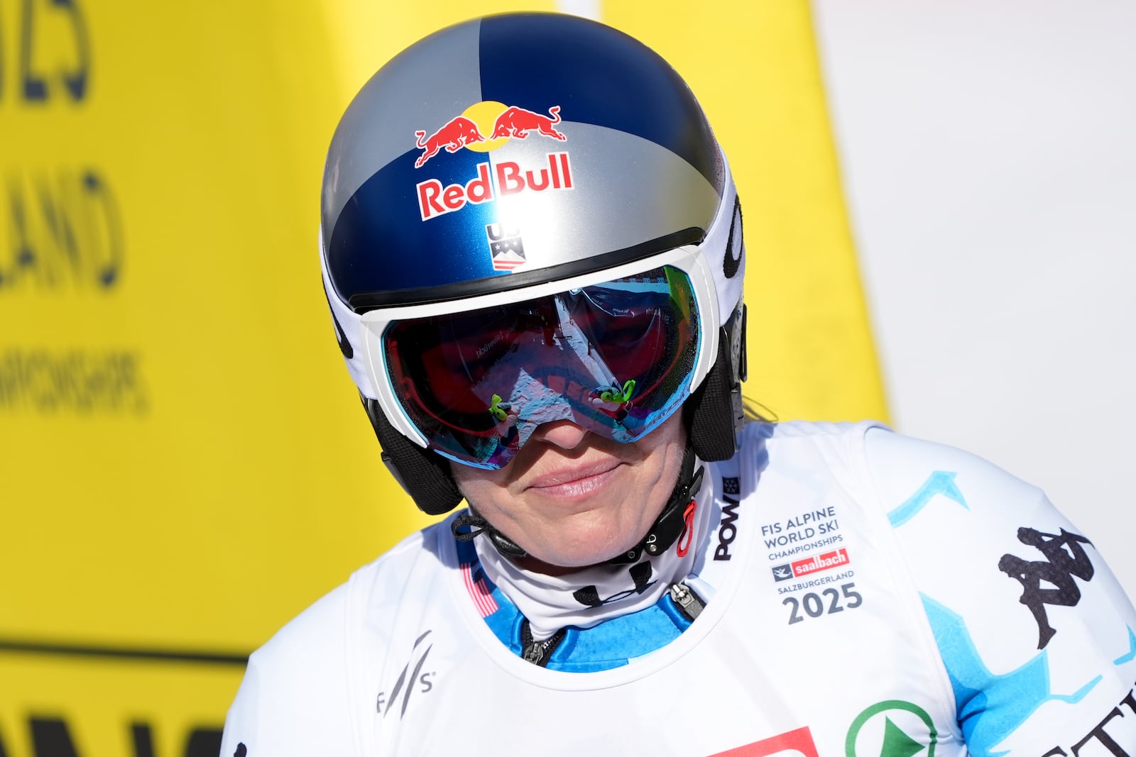 United States' Lindsey Vonn at the finish area after crashing during a women's Super-G, at the Alpine Ski World Championships, in Saalbach-Hinterglemm, Austria, Thursday, Feb. 6, 2025. (AP Photo/Giovanni Auletta)