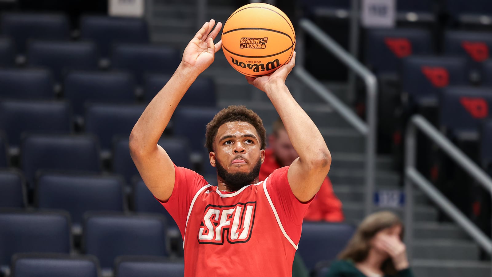 St. Francis University freshman guard Juan Cranford Jr. shoots a 3-pointer during a First Four practice on Monday at University of Dayton Arena. Cranford is a Wayne graduate and was named Northeast Conference rookie of the year. Cranford averages 10 points and 4.1 rebounds per game. He was named Greater Western Ohio Conference player of the year in his senior season for Wayne and surpassed 1,000 career points. BRYANT BILLING / STAFF