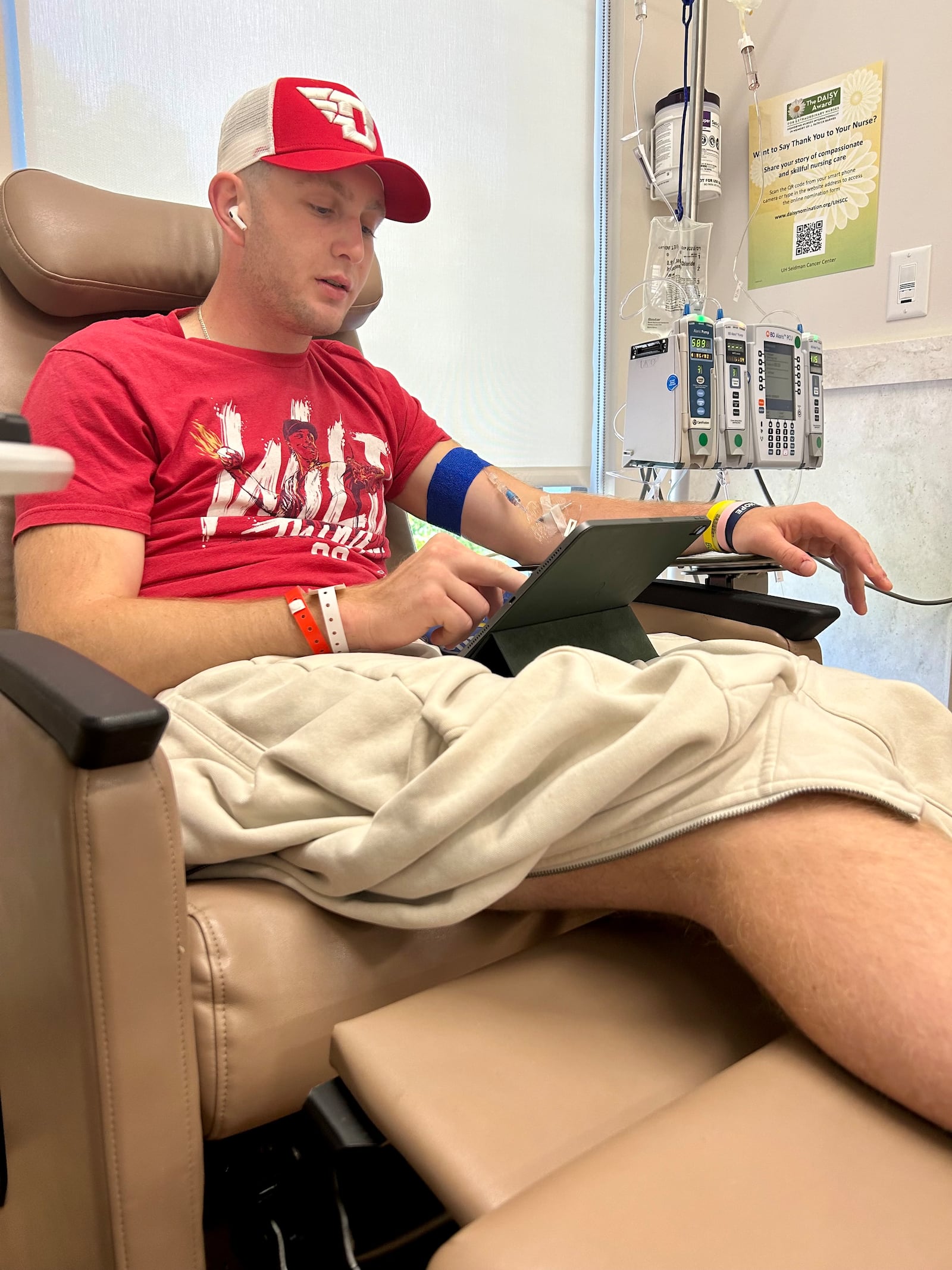 Dayton Flyers punter Ben Lavelle getting one of his chemo treatments at University Hospital in Cleveland this fall. In August he was diagnosed with Stage 2 testicular cancer. When his treatments end early next month he hopes to return to UD, where he has remained enrolled in classes and take them remotely thanks to the help of professors who have gone out of their way for him. CONTRIBUTED