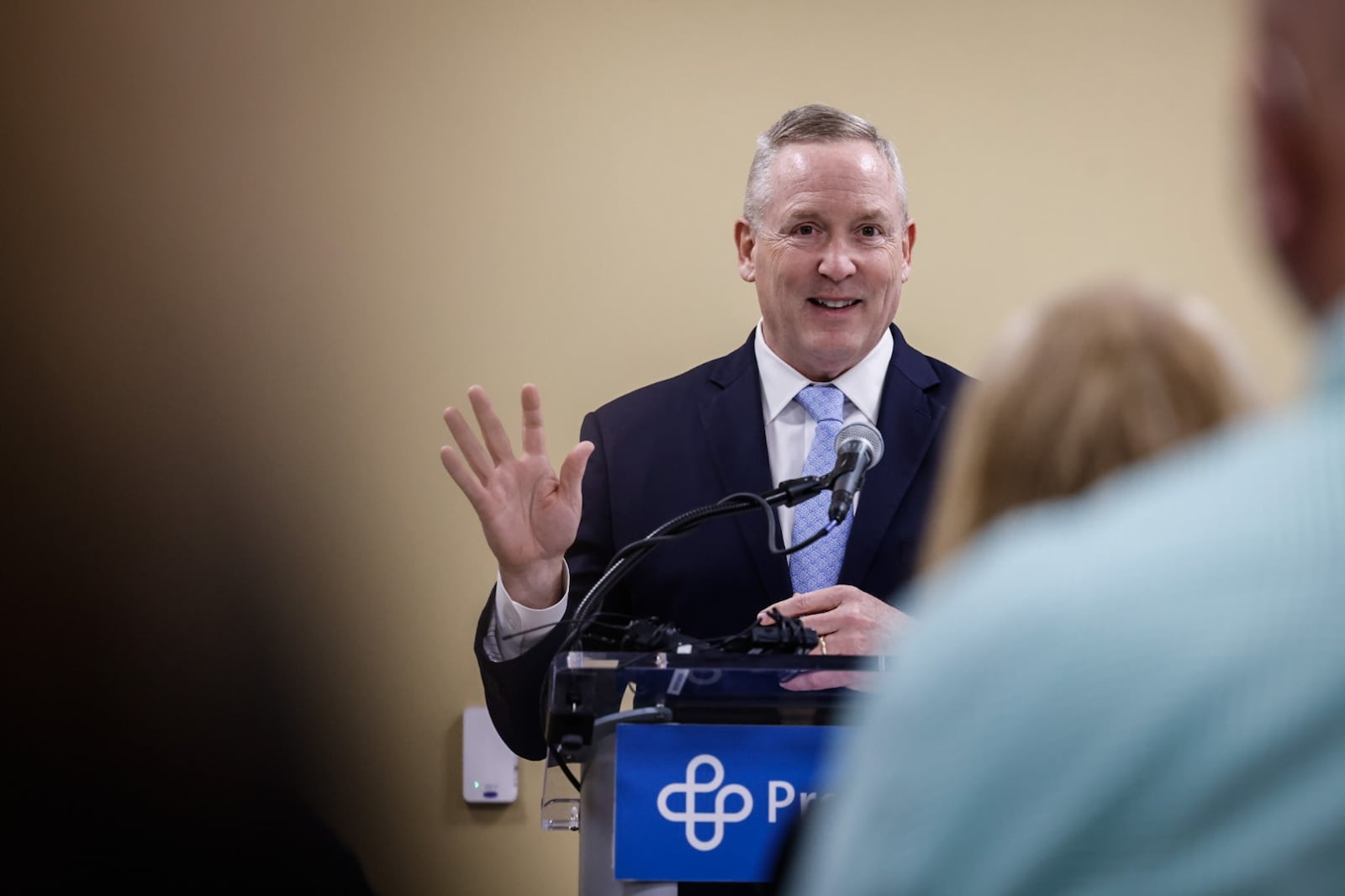 President and CEO of Premier Health Mike Riordan speaks at an open house event Thursday afternoon about the opening next week of the Northwest Health and Wellness Campus. Northwest Health and Wellness Campus is on the site of the old Good Samaritan Hospital. JIM NOELKER/STAFF