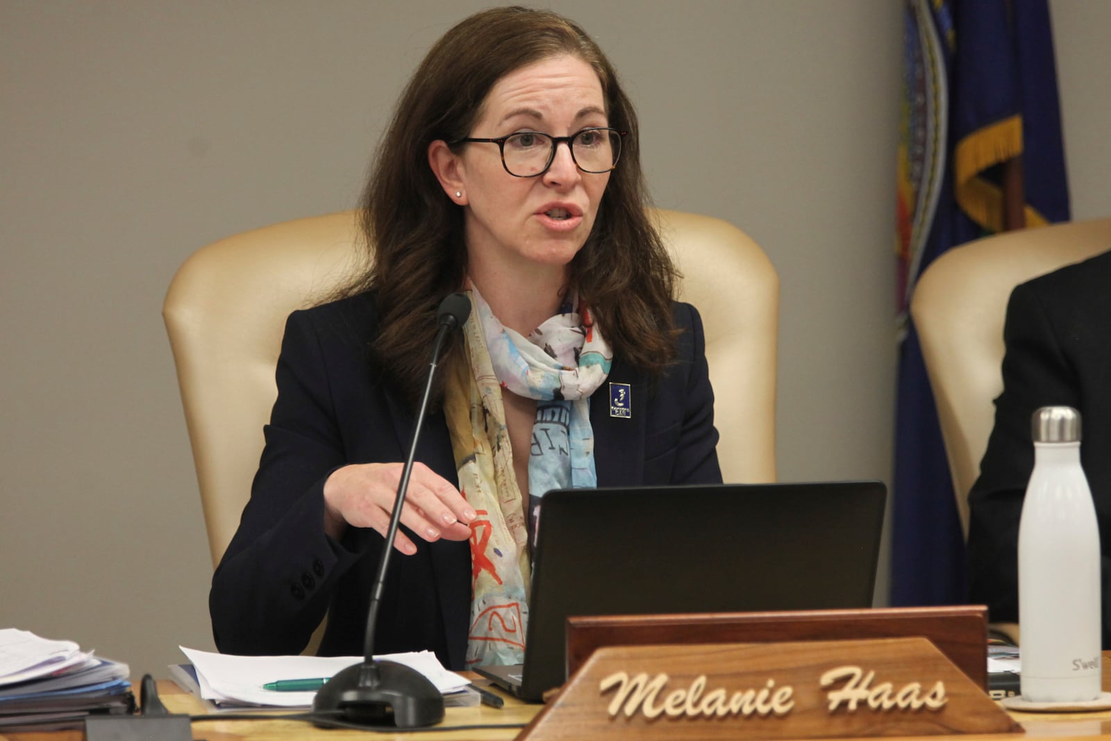 Kansas State School Board member Melanie Haas, D-Overland Park, speaks during the board's regular monthly meeting, Wednesday, Oct. 9, 2024, in Topeka, Kan. (AP Photo/John Hanna)