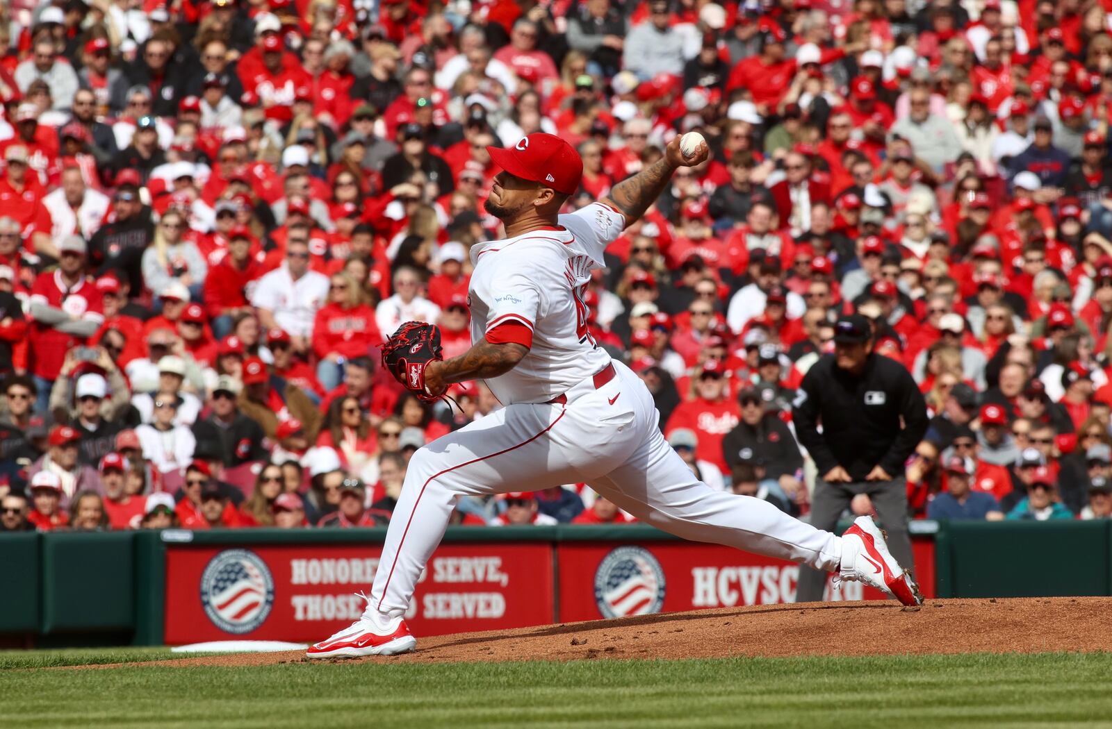 Reds starter Frankie Montas pitches against the Nationals on Opening Day on Thursday, March 28, 2024, at Great American Ball Park in Cincinnati. David Jablonski/Staff