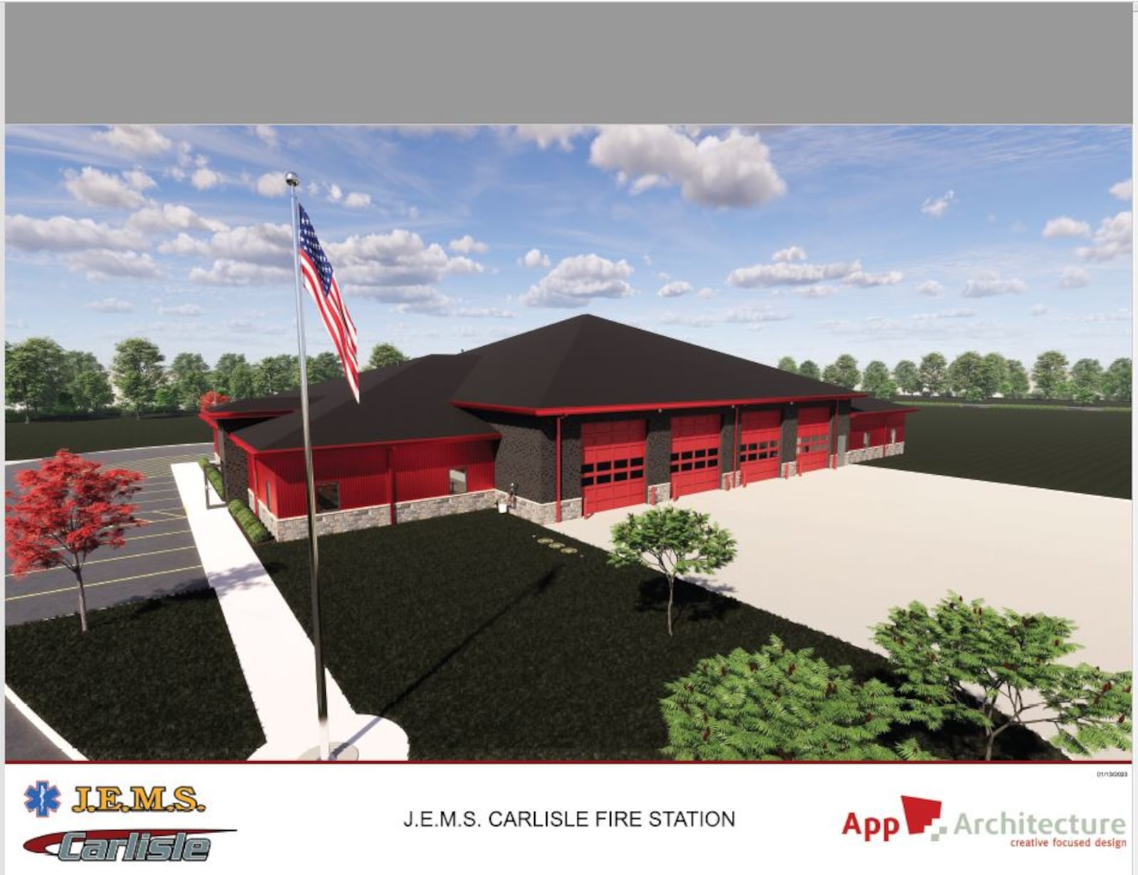 This is an artist's rendering of the new Joint Emergency Medical Services/Carlisle Fire Station on Central Avenue. The JEMS board purchased the land at the Carlisle Business Park from the city last year. Construction is expected to begin this spring and be completed in February 2024. CONTRIBUTED/JOINT EMERGENCY MEDICAL SERVICES