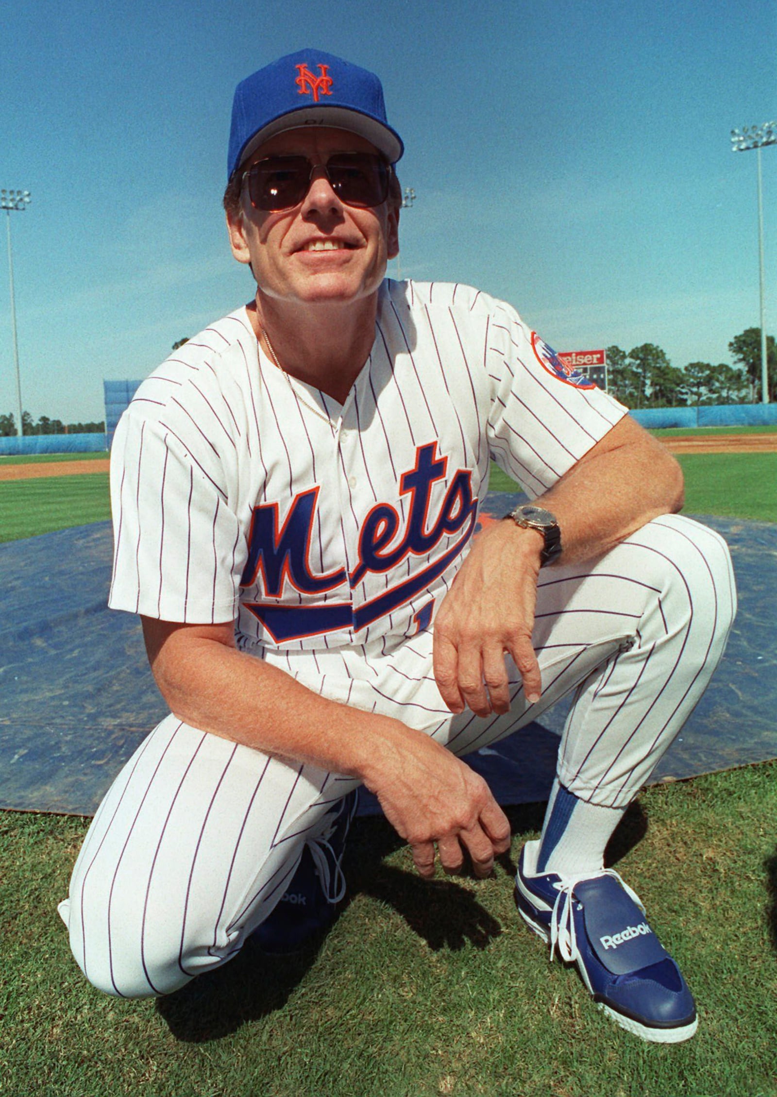 FILE - New York Mets manager Jeff Torborg poses on the playing field at the team's spring training stadium in Port St. Lucie, Fla., Feb. 19, 1993. (AP Photo/Kathy Willens, File)