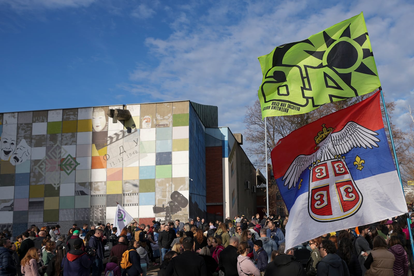 Students prepare to march towards the northern city of Novi Sad, where they will participate in a 24 hour block of three bridges to protest the deaths of 15 people killed in the November collapse of a train station canopy, in Belgrade, Serbia, Thursday, Jan. 30, 2025. (AP Photo/Darko Vojinovic)