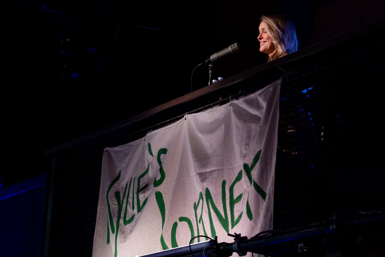 Kylie Kelce gives the thumbs up from "Kylie's Corner" during the taping of "They Call It Late Night with Jason Kelce", Friday, Jan. 3, 2025, in Philadelphia. (AP Photo/Chris Szagola)