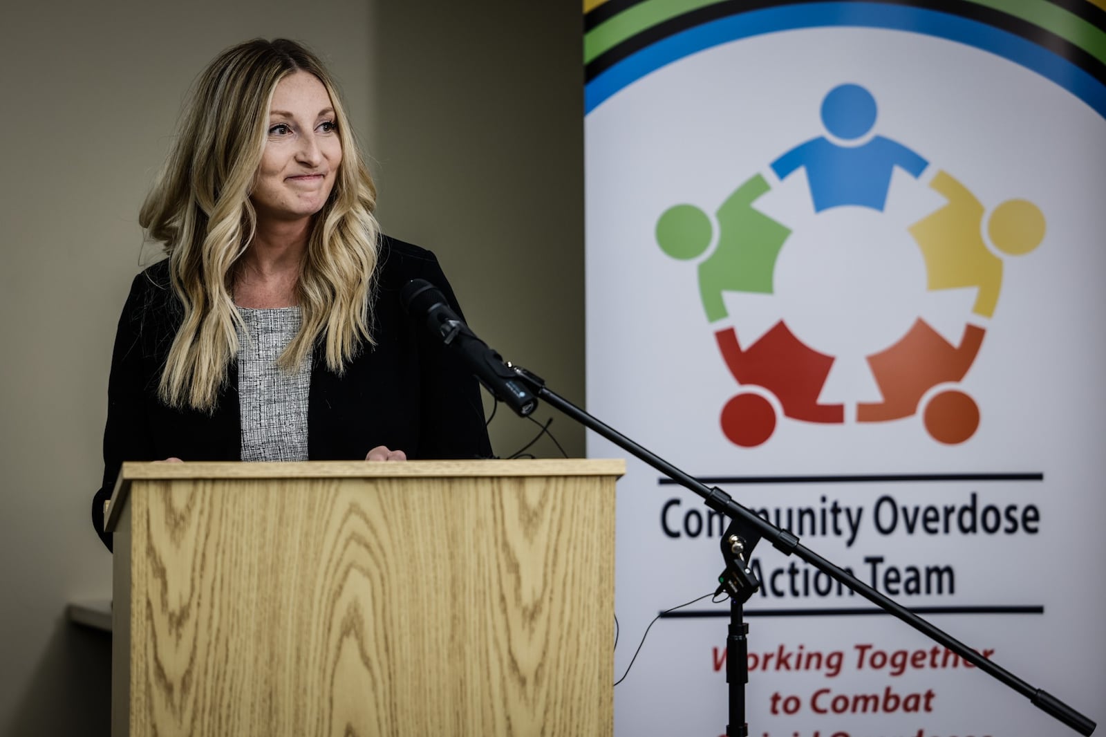 Montgomery County Community Overdose Action Team Project Manager Casey Smith talks about their launch of a text-based OD Surge Alert system. JIM NOELKER/STAFF