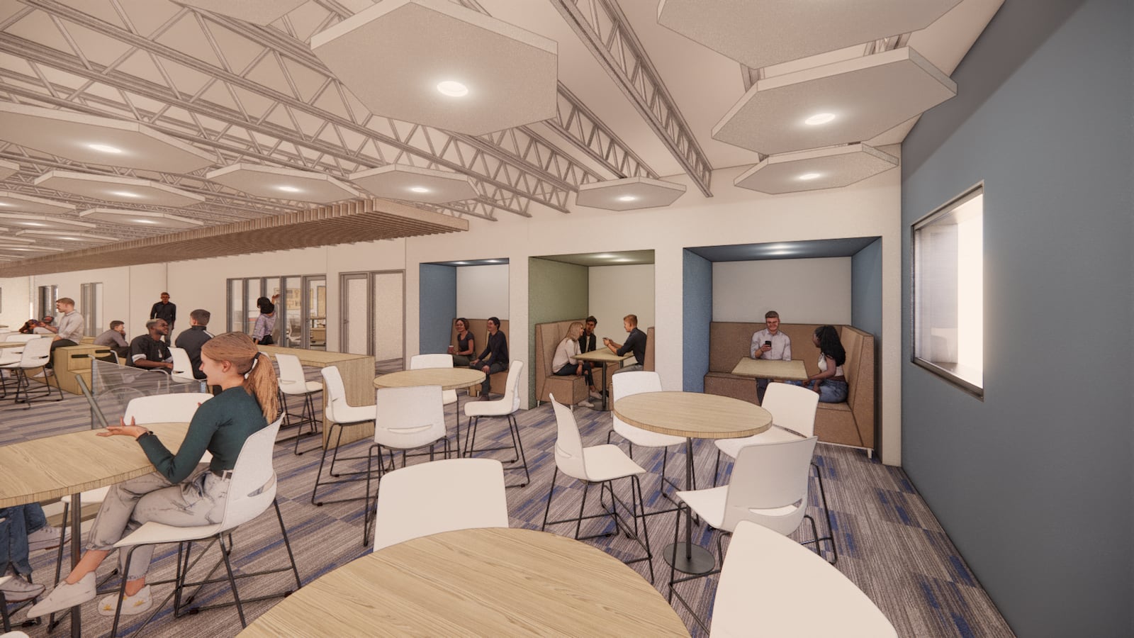 The Miami Valley School is fundraising $8.5 million for a new cafeteria and learning space for its students. The rendering shows a proposed student lounge. Courtesy of The Miami Valley School.