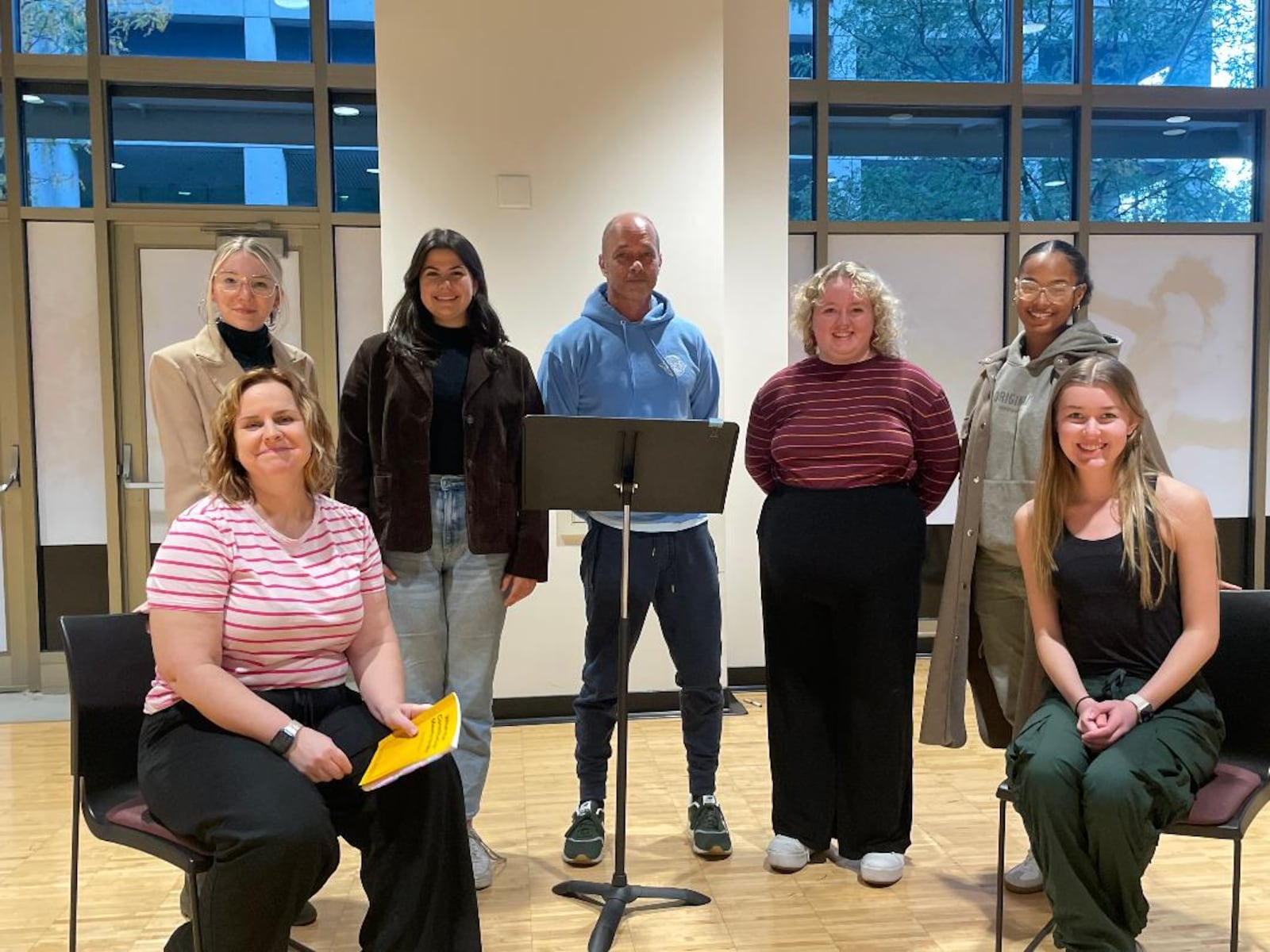 First row left to right: Gina Handy Minyard (Heidi) and Sierra Jobman (Debater); Back row left to right: Shay Roth (Debater), Meg Adams (Debater), Robb Willoughby (Legionnaire), Atlas Kessinger (Debater), and Nya Lewis (Debater) will appear in Magnolia Theatre Company's production of "What the Constitution Means to Me." PHOTO BY RUSSELL FLORENCE JR.