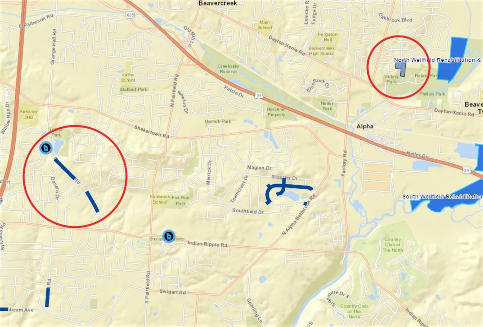 The Greene County commission re-bid two of its water improvement projects, the Grange Hall Water Main extension (left), and the North Wellfield refurbishment (top right) Thursday. While these are the most recent to be hit by soaring construction costs, other county projects have been impacted. CONTRIBUTED