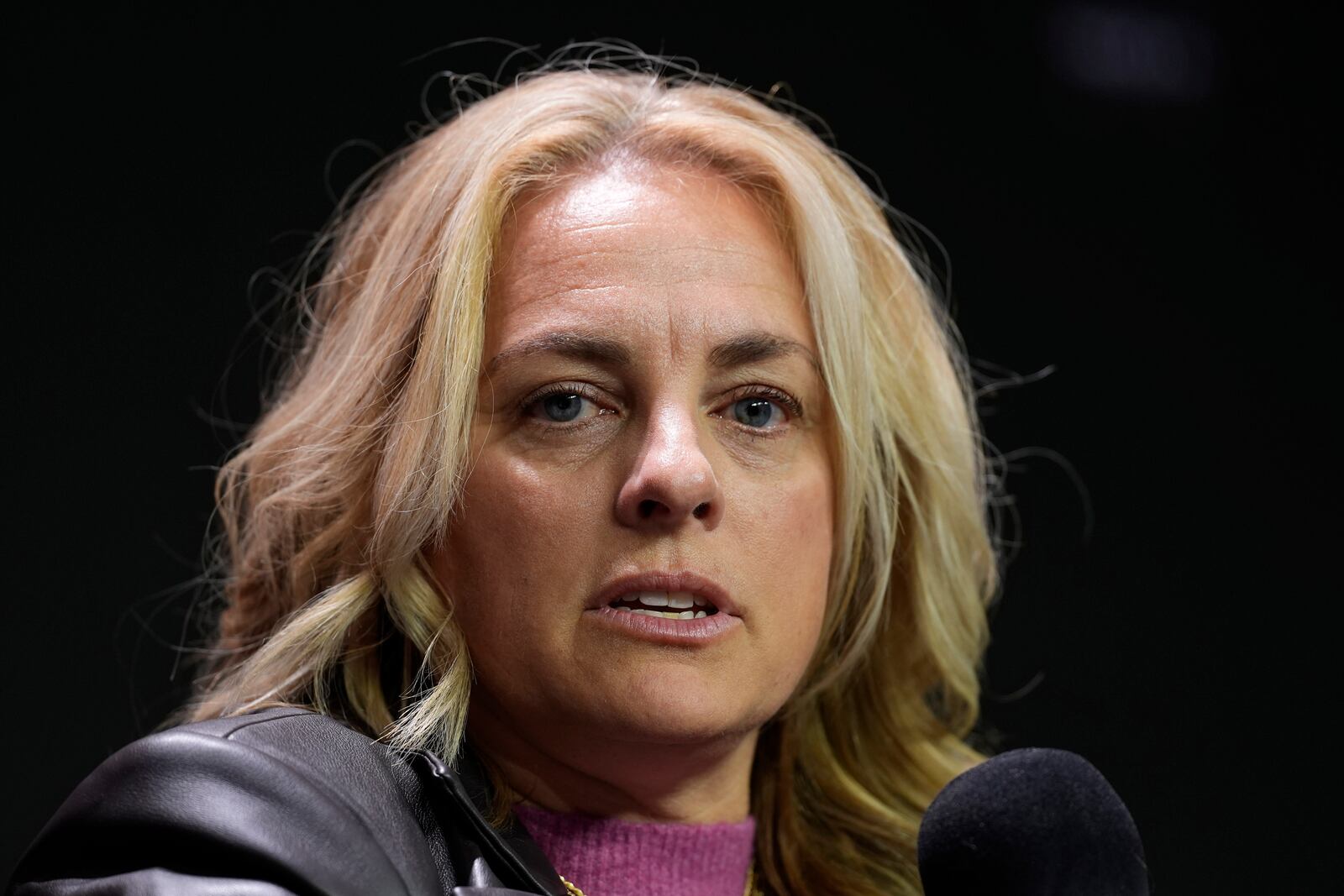 Baylor head coach Nicki Collen addresses the media during the NCAA college Big 12 women's basketball media day, Tuesday, Oct. 22, 2024, in Kansas City, Mo. (AP Photo/Charlie Riedel)