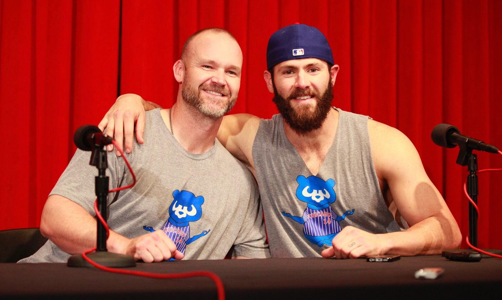 The Cubs’ David Ross, left, and Jake Arrieta pose for a photo after Arrieta’s no-hitter against the Reds on Thursday, April 21, 2016, at Great American Ball Park in Cincinnati. David Jablonski/Staff