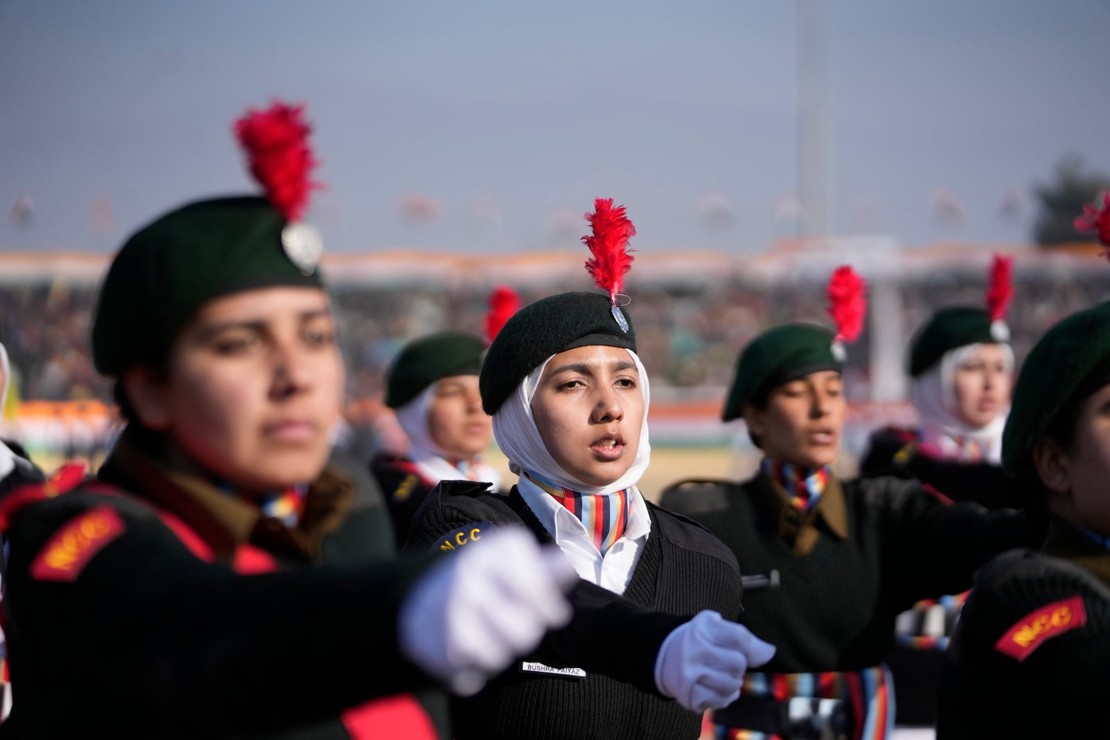 Members of the National Cadet Corps (NCC) march during India's Republic Day parade in Srinagar, Indian controlled Kashmir, Sunday, Jan. 26, 2025. (AP Photo/Mukhtar Khan)