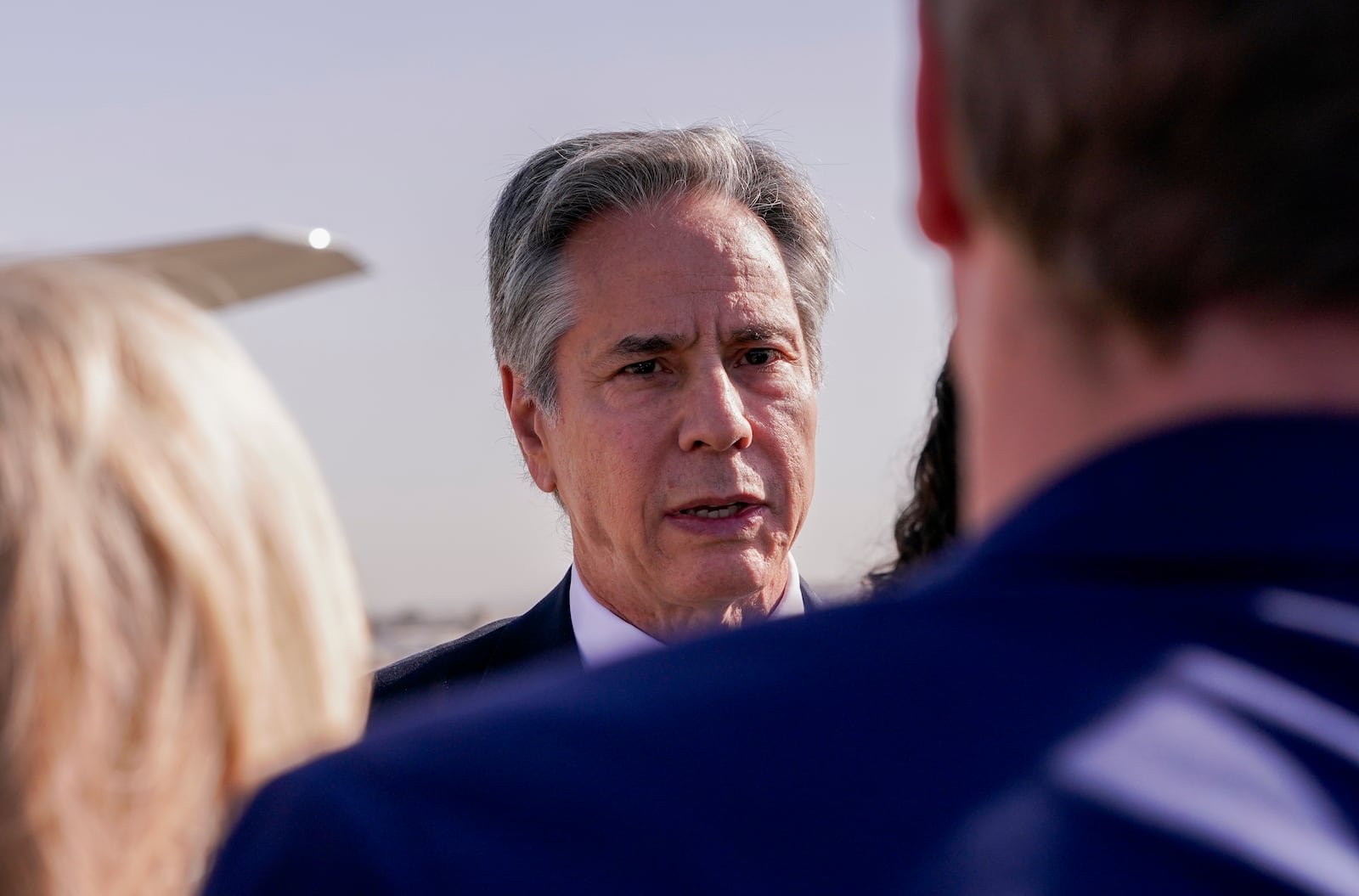 U.S. Secretary of State Antony Blinken speaks with members of the media as he arrives at Ben Gurion International Airport before departing for Riyadh, Saudi Arabia, in Tel Aviv, Israel, Wednesday, Oct. 23, 2024. (Nathan Howard/Pool Photo via AP)