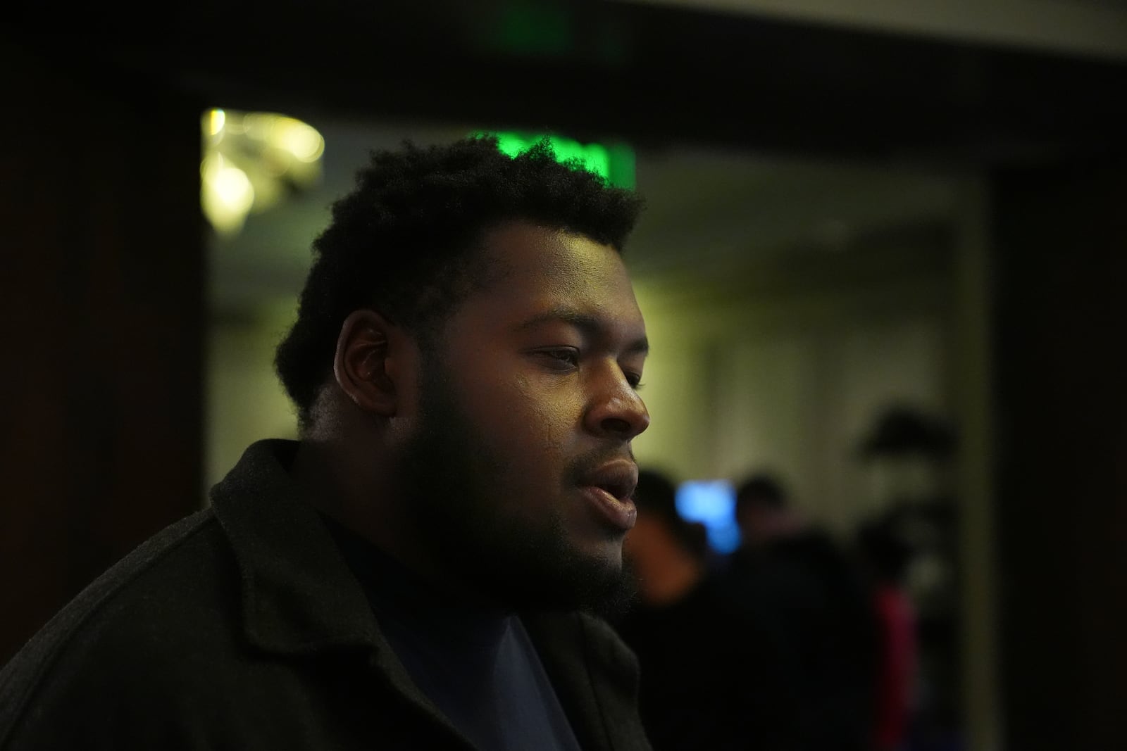 College football player Kardell Thomas speaks during a players association for college athletes meeting ahead of the college football's national title game, Saturday, Jan. 18, 2025, in Atlanta. (AP Photo/Brynn Anderson)