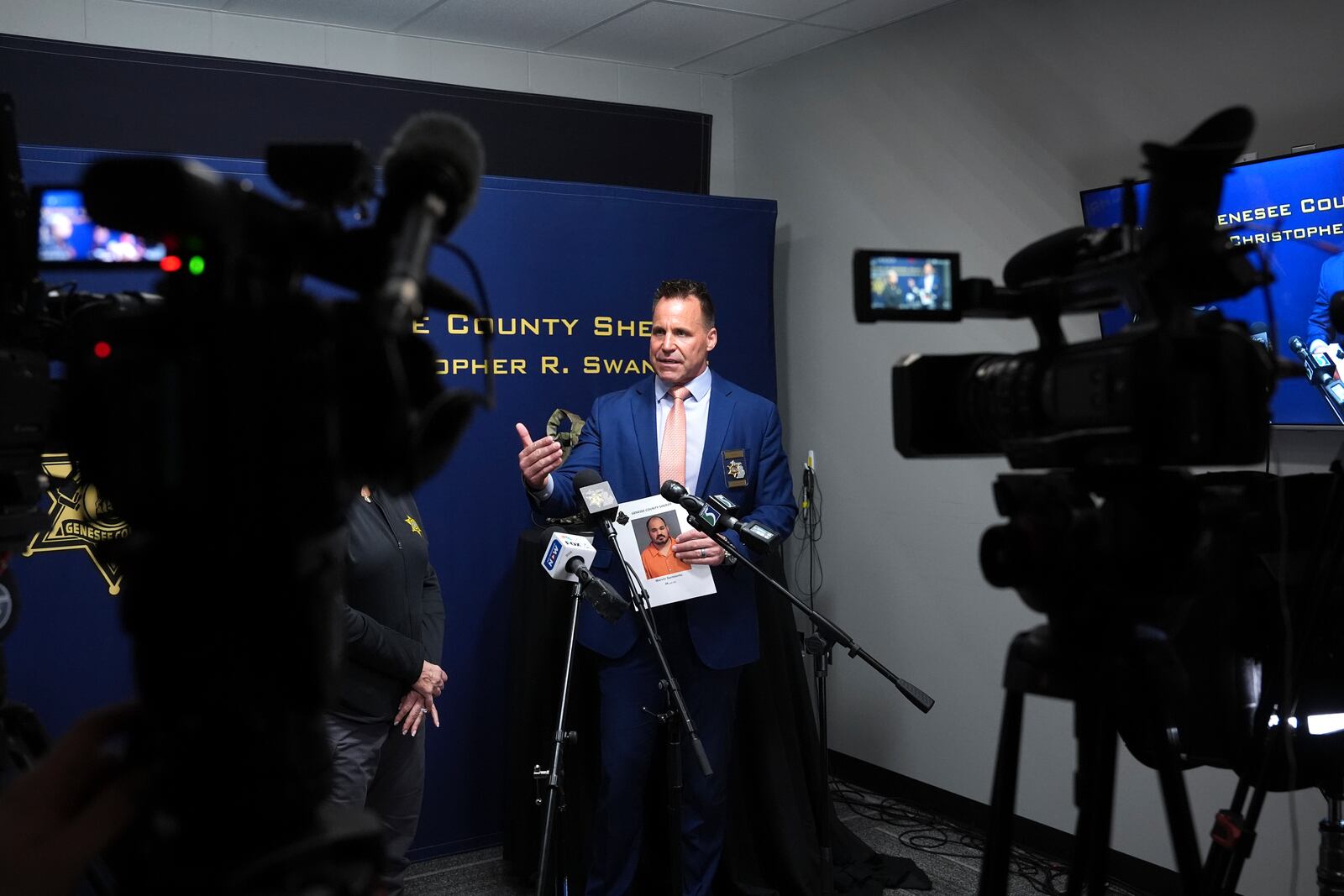 Genesee County Sheriff Chris Swanson talks during a news conference, Jan. 28, 2025 in Flint, Mich. (AP Photo/Paul Sancya)