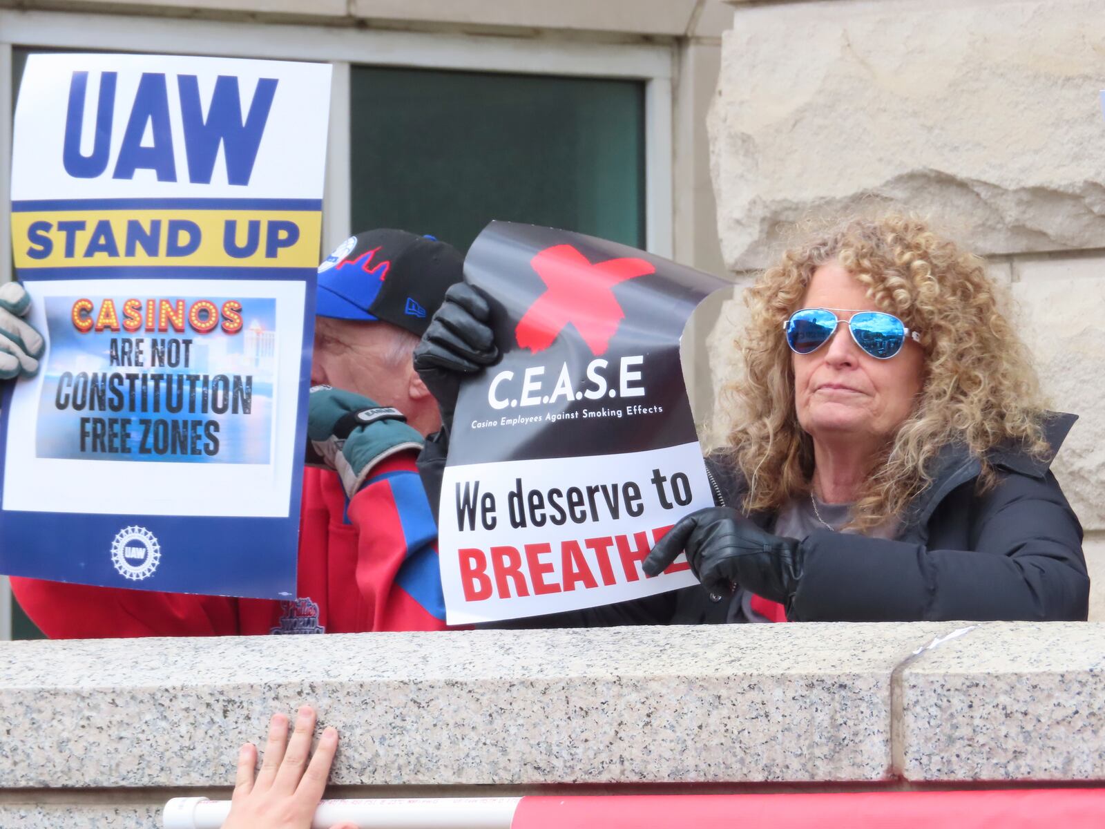 Casino workers in favor of banning smoking in Atlantic City demonstrate outside a courthouse in Trenton,N.J. on April 5, 2024 after filing a lawsuit seeking to force a smoking ban. (AP Photo/Wayne Parry)