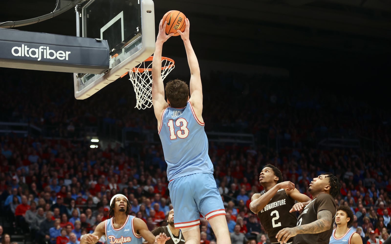 Dayton's Isaac Jack dunks against St. Bonaventure on Friday, Feb. 2, 2024, at UD Arena. David Jablonski/Staff