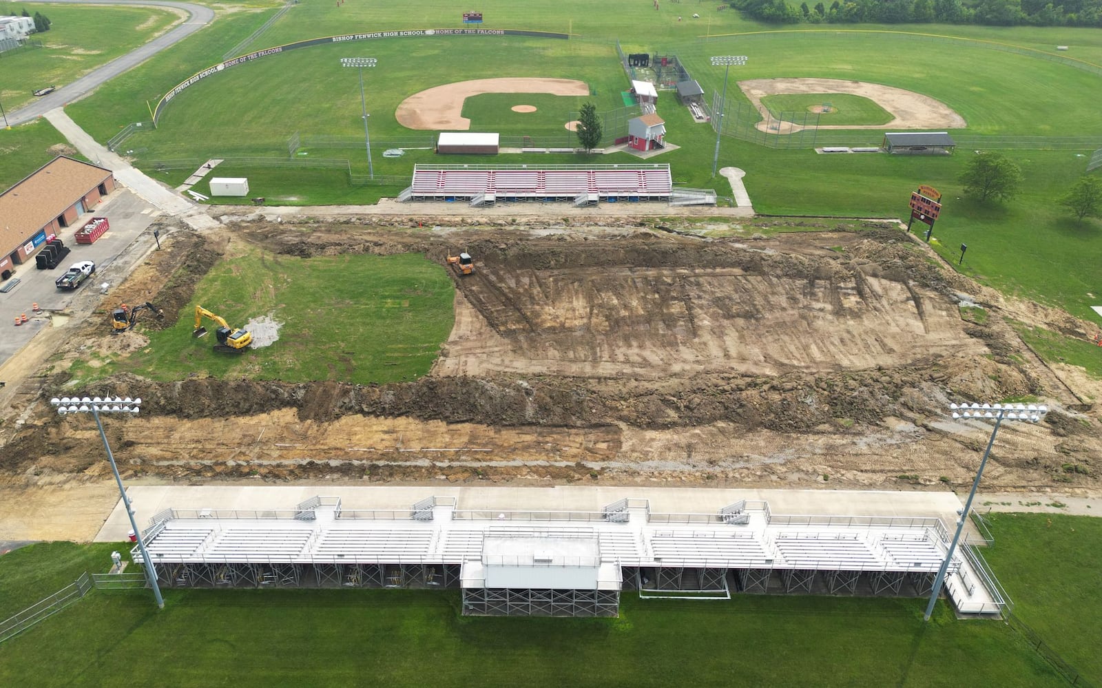 An aerial view shows some of the work being done to remodel Fenwick High School's Krusling Field that will be renamed Yeager Field in honor of the family that donated $2 million to fund the project. NICK GRAHAM/STAFF